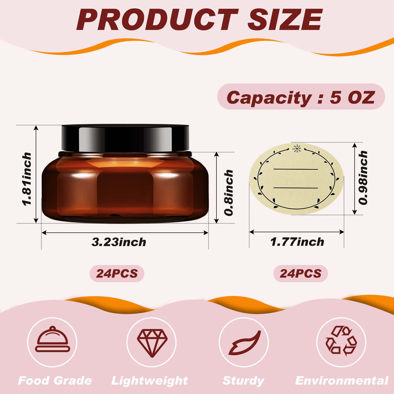 24 Pack 5 oz Clear Plastic Jars with Lids - Round Refillable Cosmetic Containers for Body Butter, Sugar Scrubs & Makeup | Bulk Empty Jars with Labels | Perfect for DIY Beauty Products, Crafts & Storage (Brown)