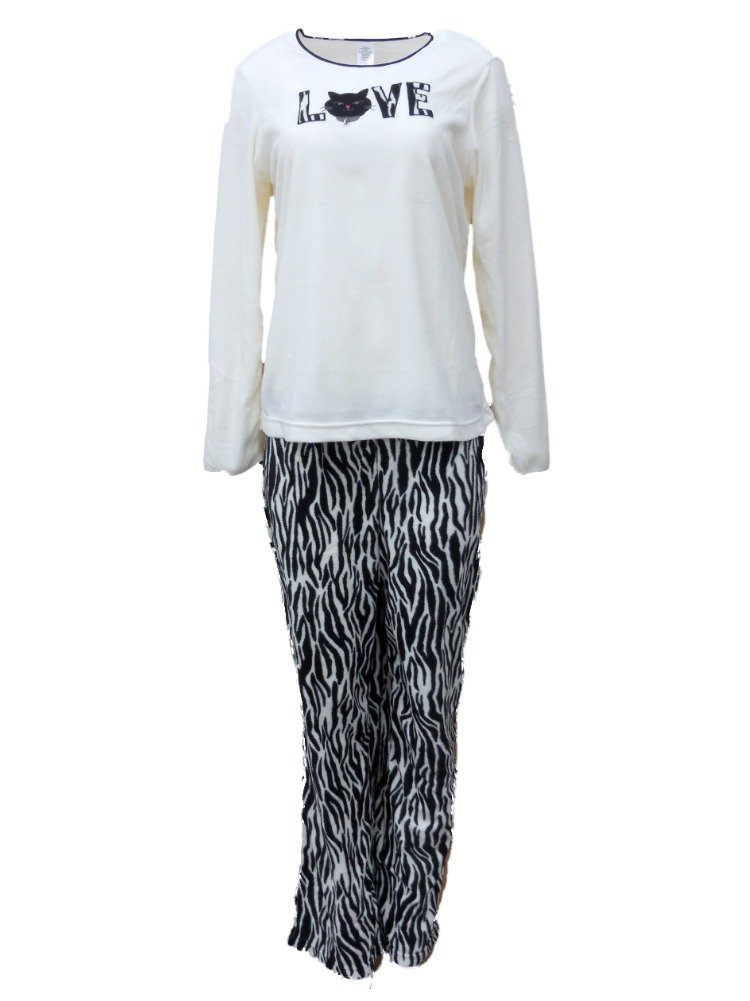 Celestial Dreams Women's Zebra Print Kitty Cat Love Fleece Pajama Set - Cozy Sleepwear for Women, Cute Animal Print Pajamas for Lounge & Sleep