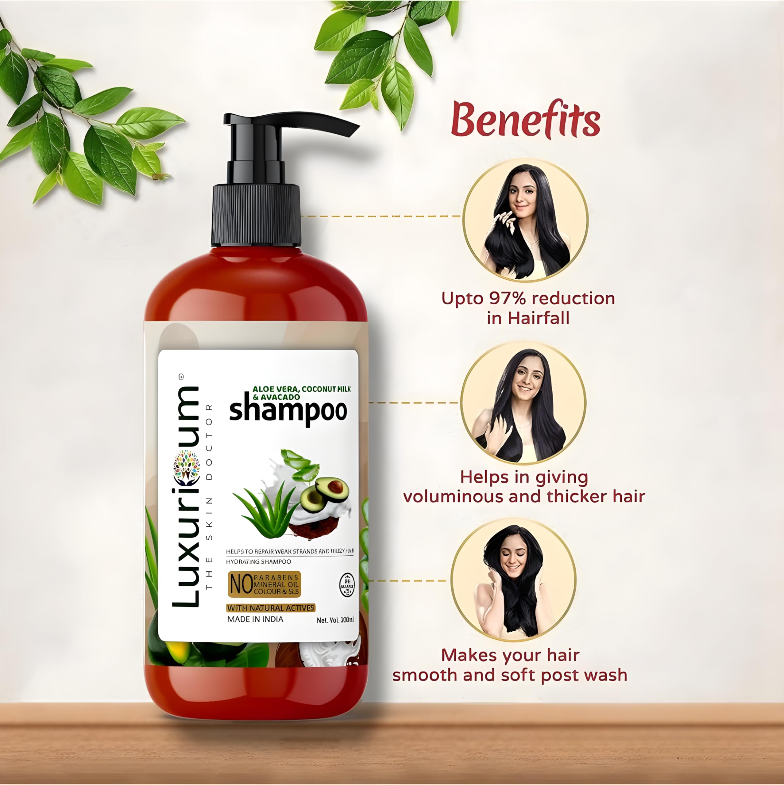 LUXURIOUM Aloe Vera, Coconut Milk & Avocado Shampoo for Curly, Wavy, Frizzy Hair - Intense Moisturizing Shampoo with Vitamin E, 300ml - 24H Hydration, Nourishes & Strengthens Hair - Perfect for Dry, Damaged Hair Care & Daily Hydration