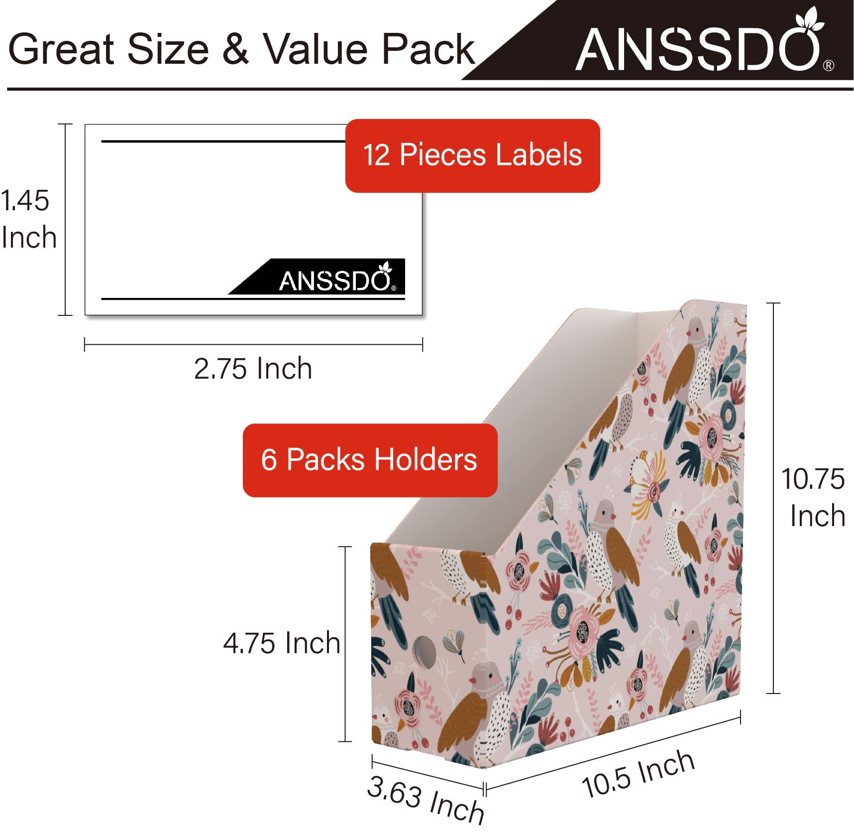 ANSSDO 6 Pack Premium Cardboard Magazine Holders - Large Capacity Magazine File Organizer for Books, Folders & Documents - Desk Storage Box for Office, Home & Classroom (Pink Bird Design) - Perfect for Organizing Magazines, Books & Office Supplies