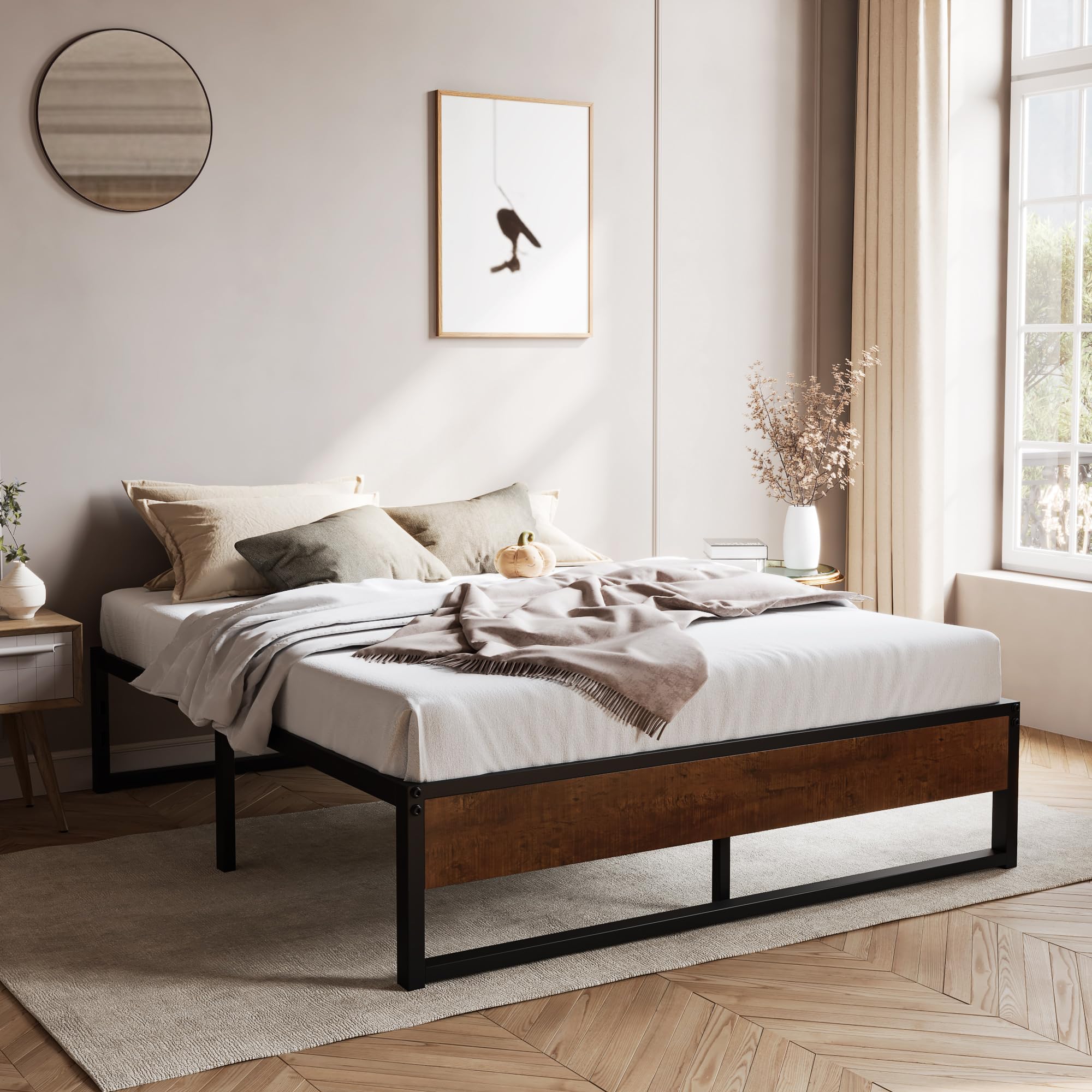 Rustic Wood Queen Size Metal Platform Bed Frame - 14