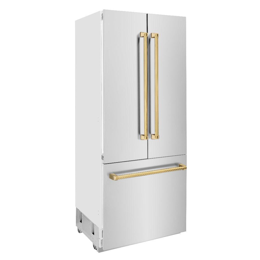 ZLINE Autograph Edition 36 Inch French Door Built-In Refrigerator with Bottom Freezer - 19.6 cu.ft Capacity, Stainless Steel with Polished Gold Accents, Water Dispenser & Ice Maker - Perfect for Modern Kitchens & Luxury Homes (RBIVZ 304 36 G)