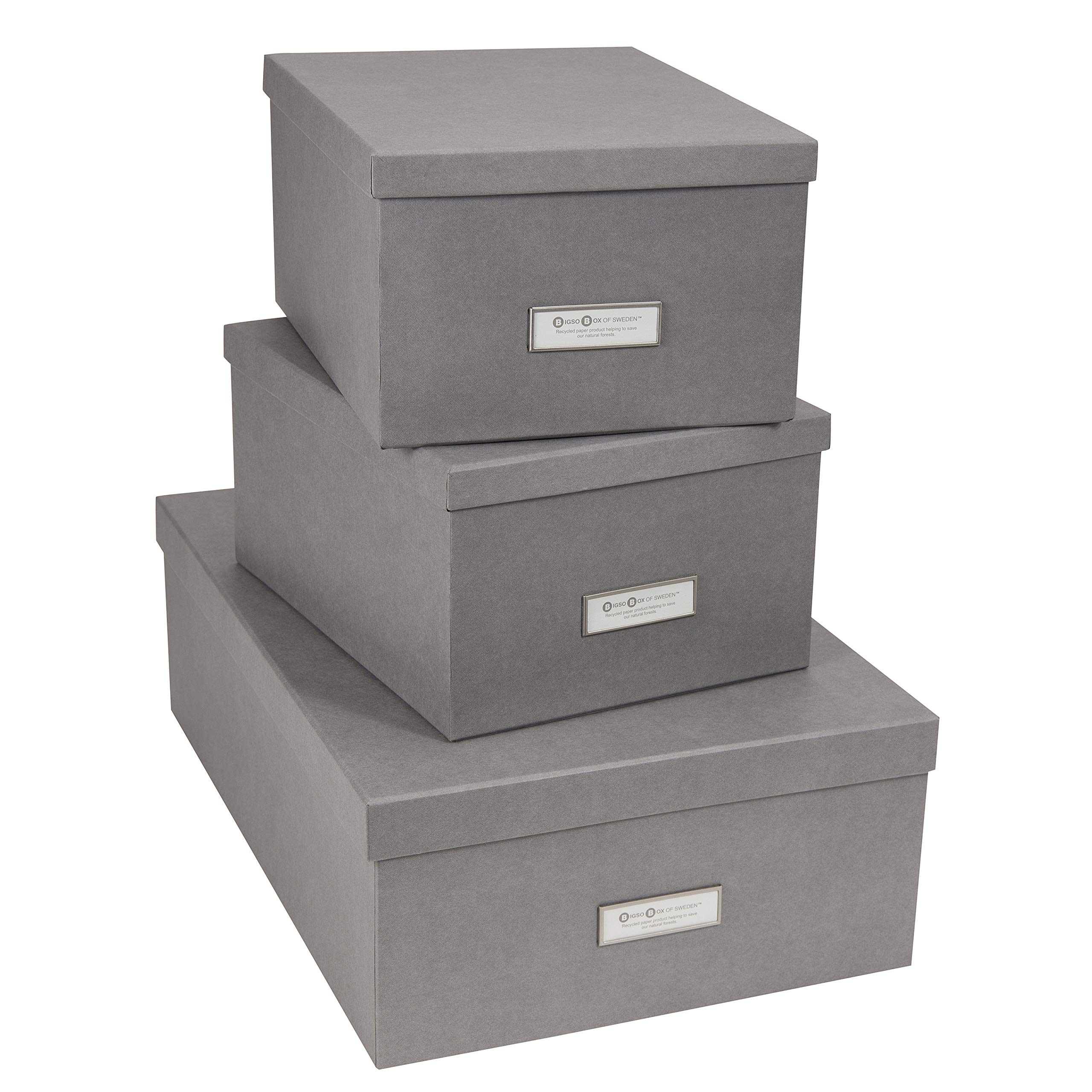 Bigso Box of Sweden - Set of 3 Storage Boxes with Lids - Organizer Box for Clothes, Office Supplies & Home Organization - Wardrobe Storage Boxes with Labels for Bedding, Seasonal Clothing & Toys - Grey - Perfect for Closet, Nursery & Garage Storage