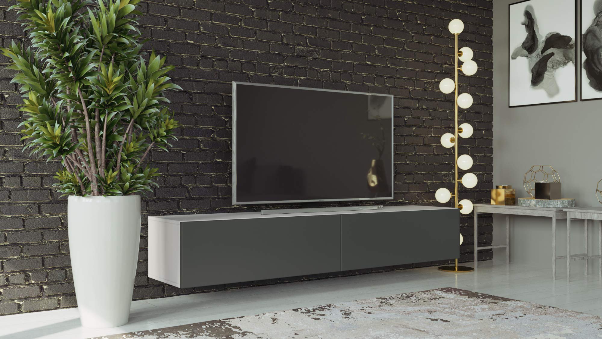 VIGO Modern TV Stand for 55-75 Inch TVs - White/Graphite Finish - Entertainment Center with Storage Shelves for Living Room, Bedroom & Home Theater