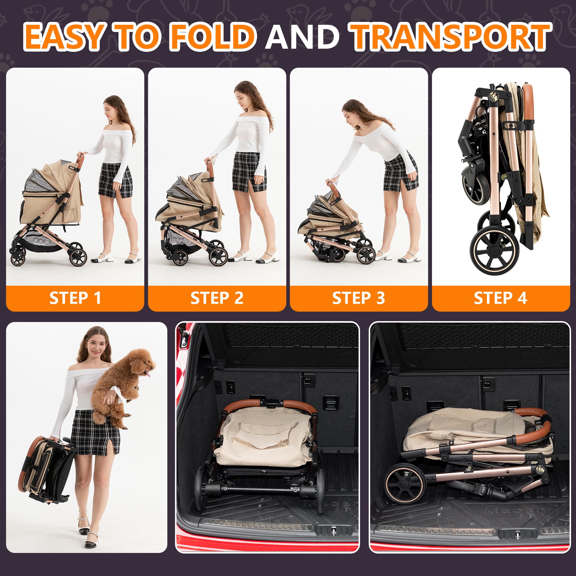 Kenyone Medium Dog Stroller for Pets Up to 55lbs - Lightweight Aluminum Frame, One-Click Folding, No-Zip Entry & Detachable Mesh - Perfect for Walks, Vet Visits & Outdoor Adventures