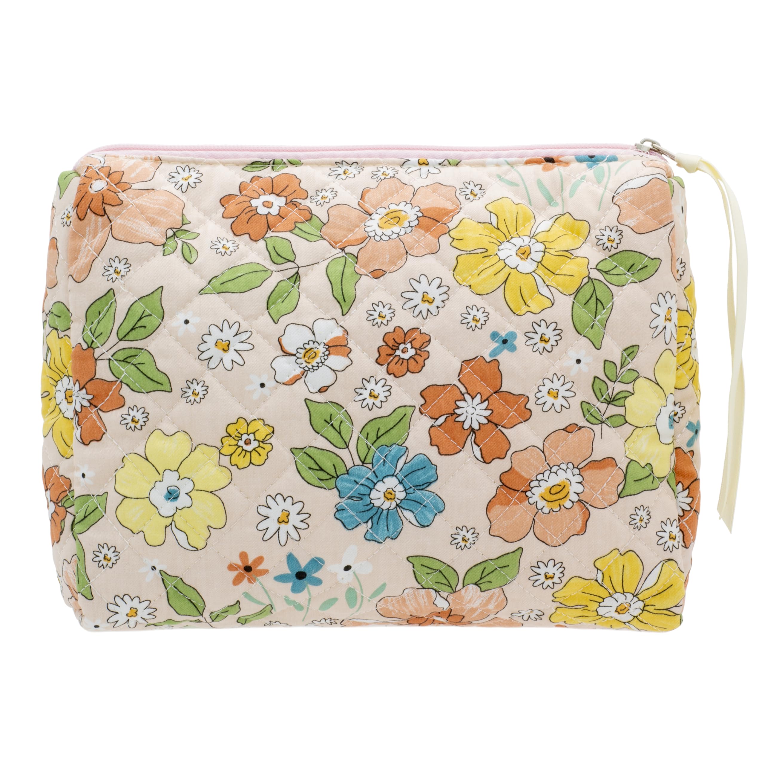 PAZIMIIK Large Quilted Cotton Makeup Bag for Women - Floral Orange Cosmetic Pouch, Travel Toiletry Organizer, Perfect for Travel, Gym, and Everyday Essentials Storage