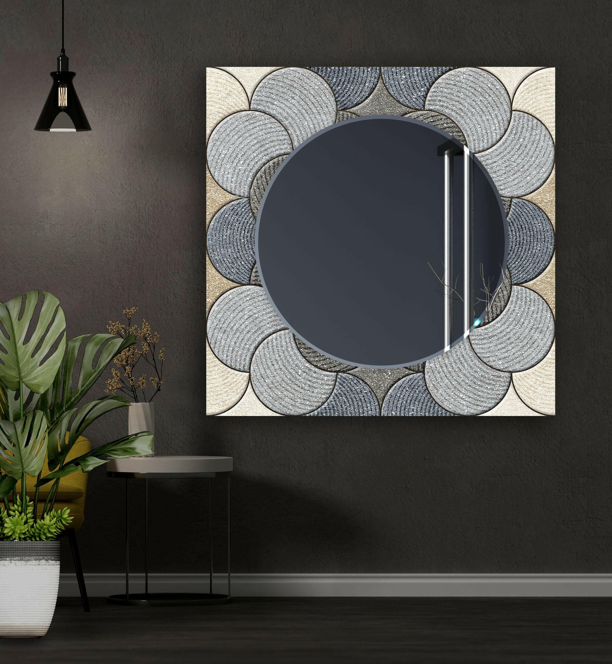 Modern Beige and Gray Circles Design Wall Mirror - Stylish Round Decorative Mirror for Living Room, Bedroom, or Entryway Decor