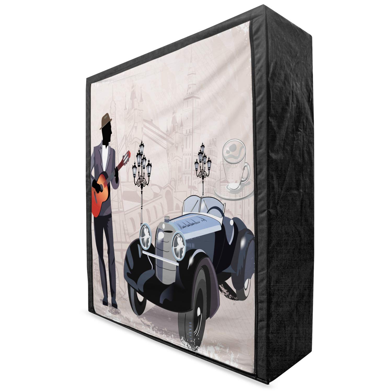 Ambesonne Urban Portable Fabric Wardrobe - Vintage London & Paris Street Scene with Musicians, Retro Cars & Cafes - 59
