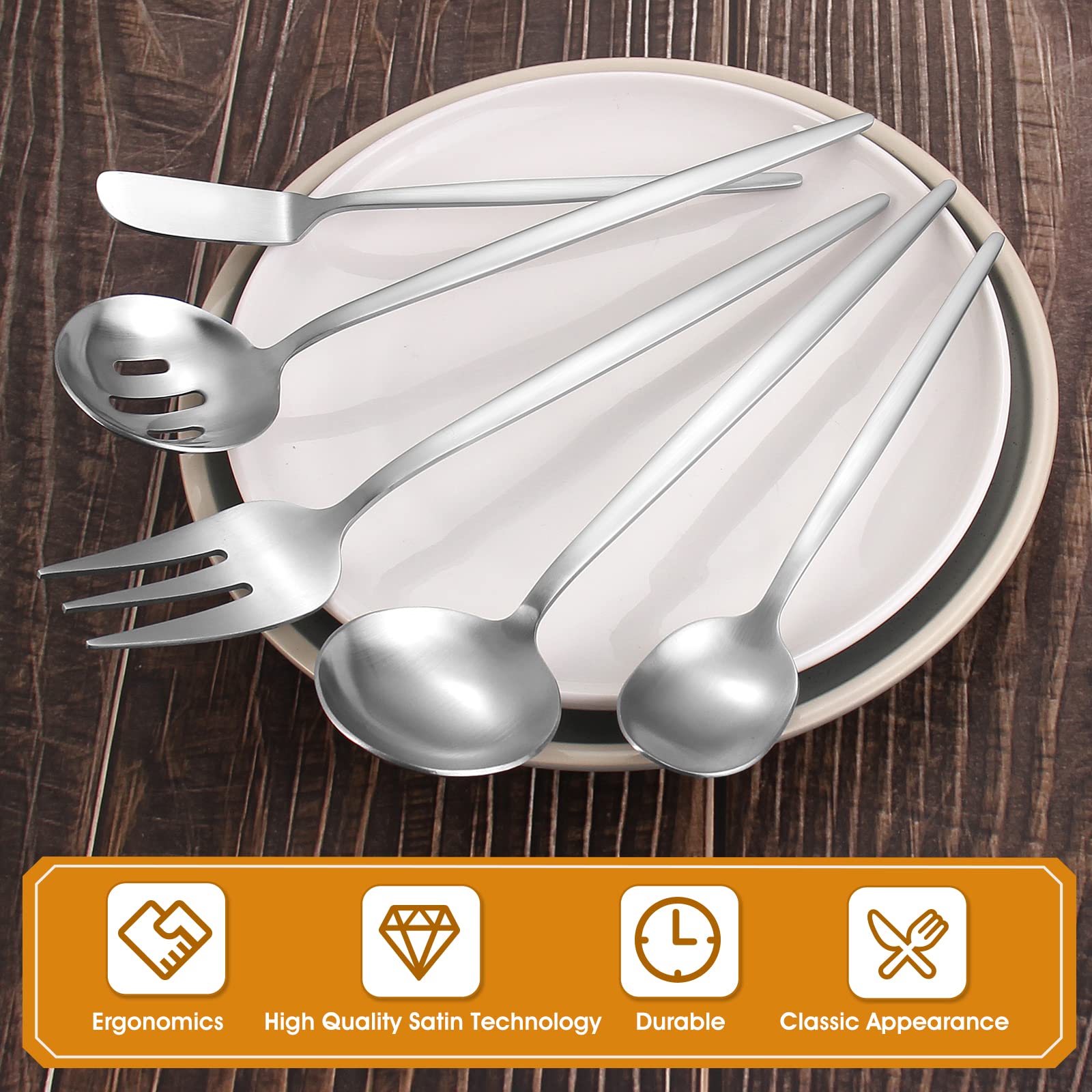 5-Piece Matte Stainless Steel Serving Utensil Set - Round Hostess Flatware with Satin Finish (Dishwasher Safe) - Perfect for Dinner Parties, Buffets & Catering Events