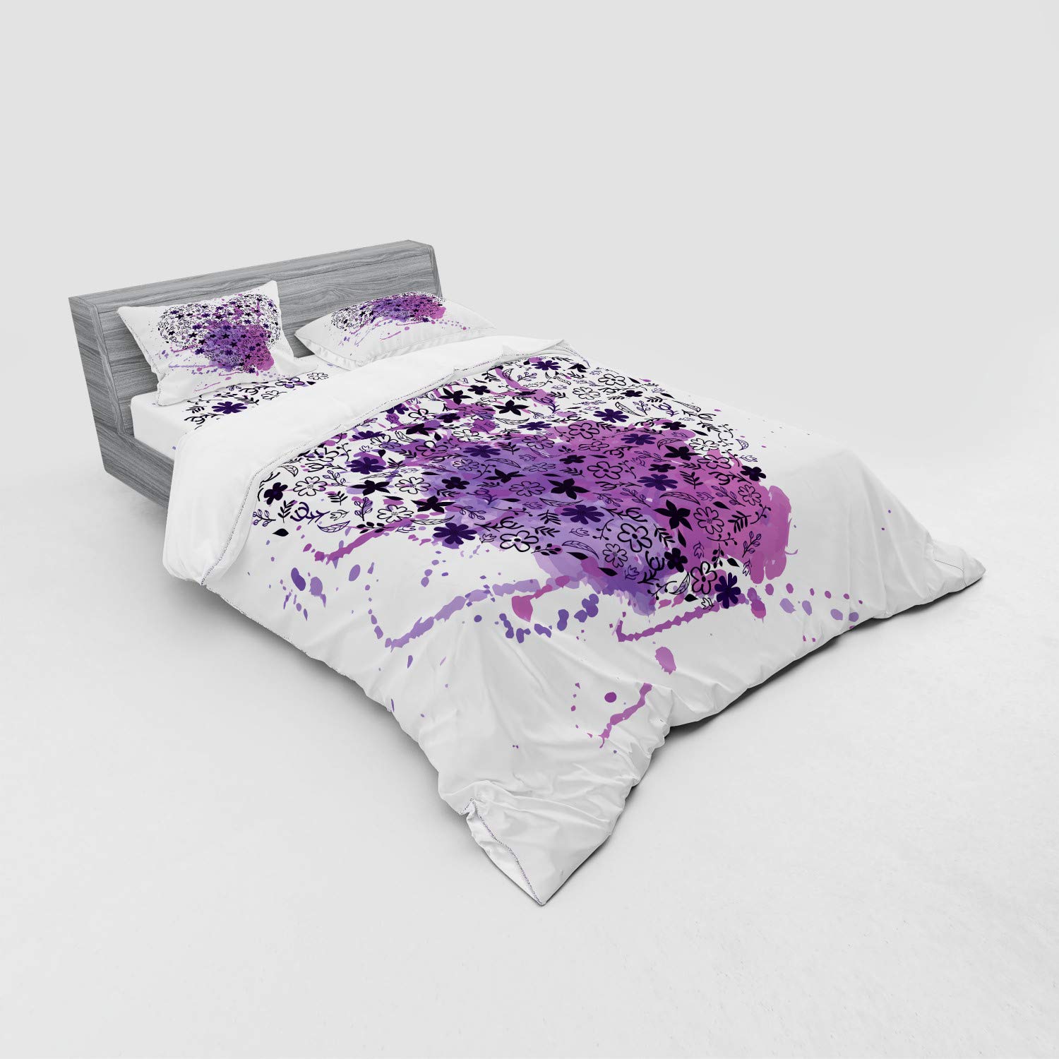 Ambesonne Romantic Watercolor Heart Bedding Set - 4 Piece Queen Duvet Cover with Shams & Fitted Sheet, Purple & Dark Purple | Valentine's Day Gift, Couples Bedroom Decor, Cozy Home Essentials