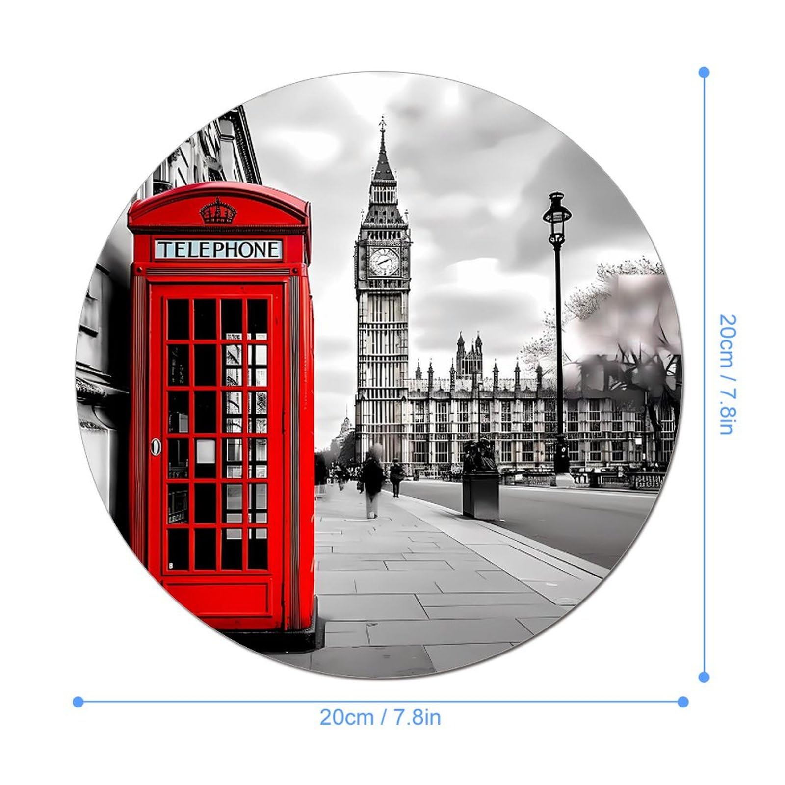 London Telephone Booth & Big Ben Themed Round Mouse Pad - Non-Slip Rubber Base for Office, Home, Gaming - Perfect for UK Enthusiasts & Desktop Decor