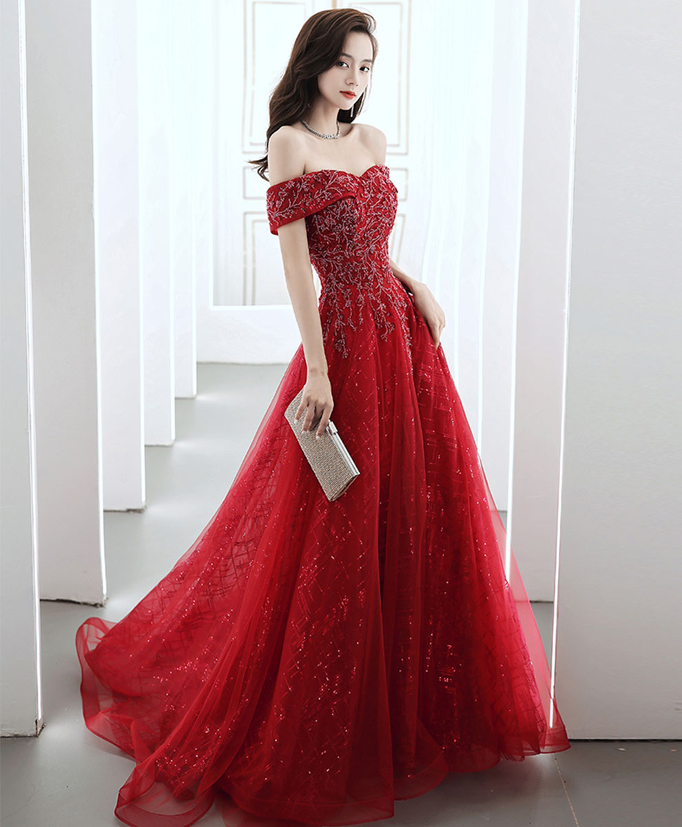 Elegant Burgundy Off Shoulder Tulle Lace Long Prom Dress for Women - Formal Evening Gown for Homecoming, Wedding, Ball & Special Occasions