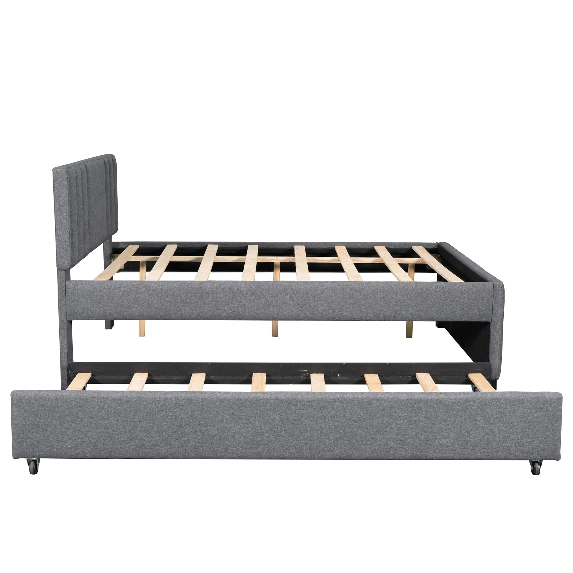 Merax Full Upholstered Platform Bed Frame with Storage Trundle & Headboard - No Box Spring Required, Grey - Perfect for Small Bedrooms, Guest Rooms & Space-Saving Solutions