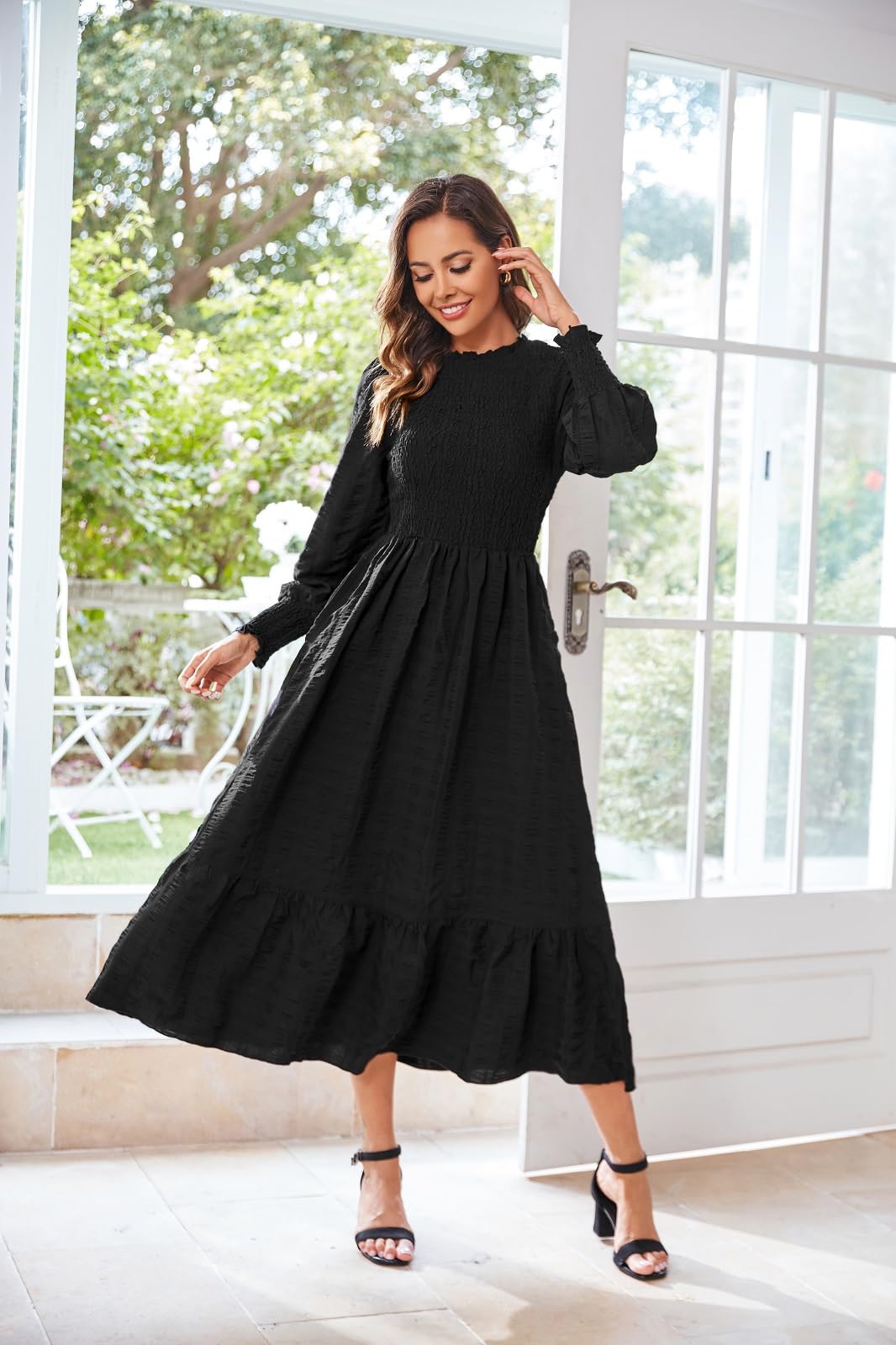 **Women's 2025 Spring & Fall Midi Dress - Casual Long Sleeve Crew Neck Smocked Tiered Flowy Dress with Pockets - Perfect for Work, Date Night & Outdoor Events**