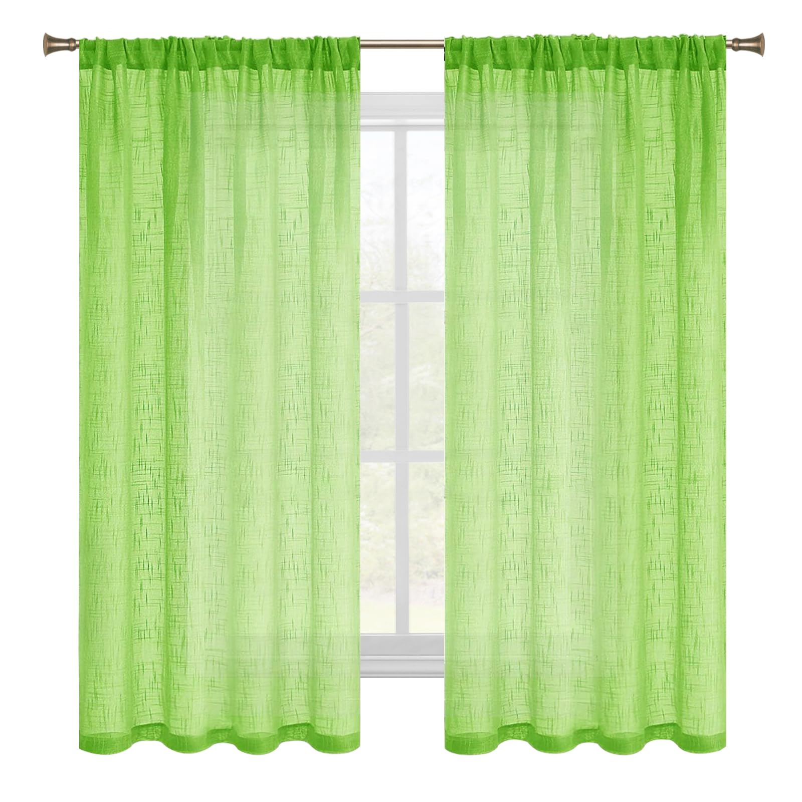 DWCN Green Sheer Curtains - Faux Linen Textured Weave Rod Pocket Window Panels (Set of 2, 52x63 Inches) for Living Room, Bedroom & Office - Light Filtering Semi Voile Drapes for Privacy & Natural Light