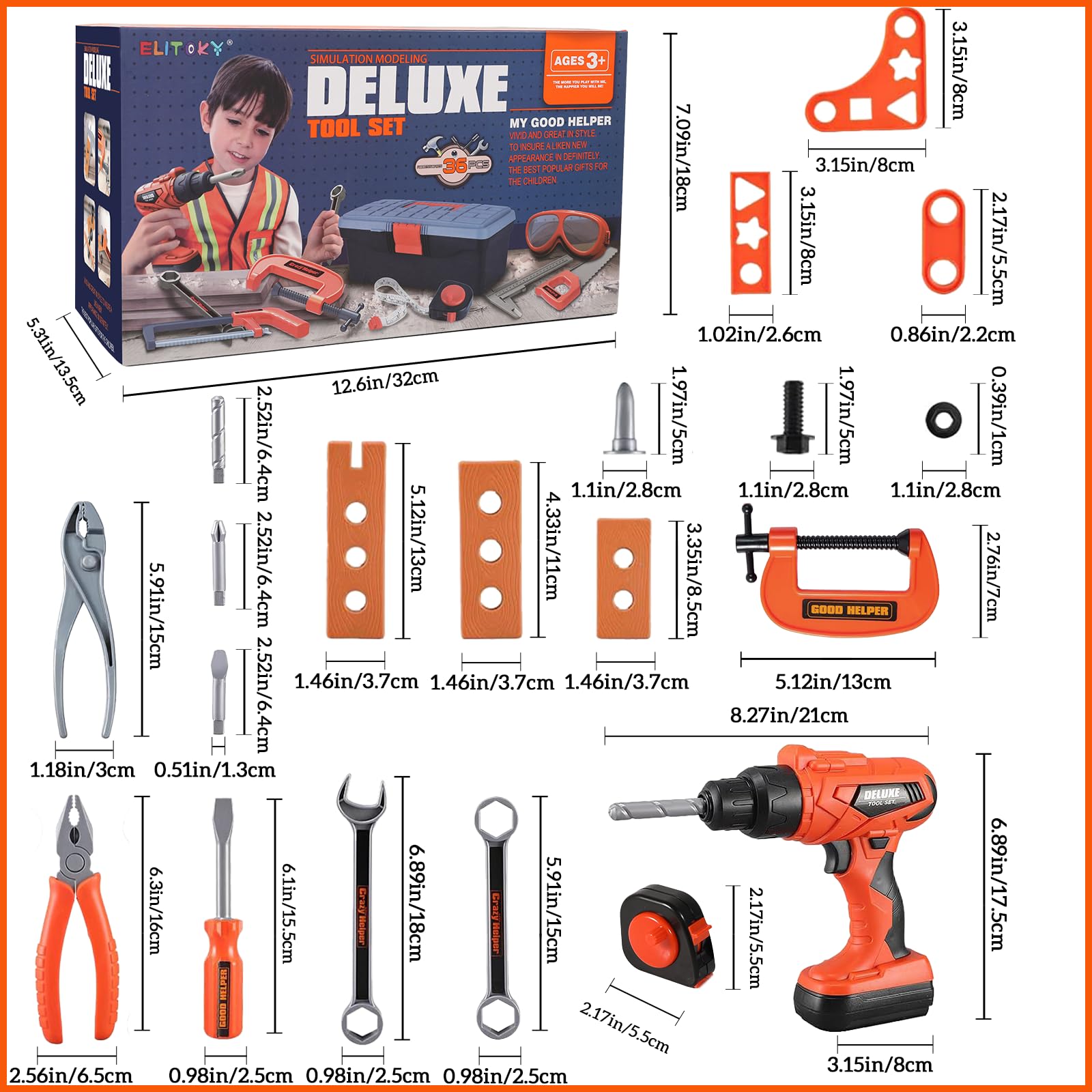 35-Piece Kids Tool Set with Toolbox & Electronic Toy Drill - Pretend Play Construction Toys for Toddlers & Boys Ages 3-8 - Perfect for DIY Projects, Role Play & Early STEM Learning