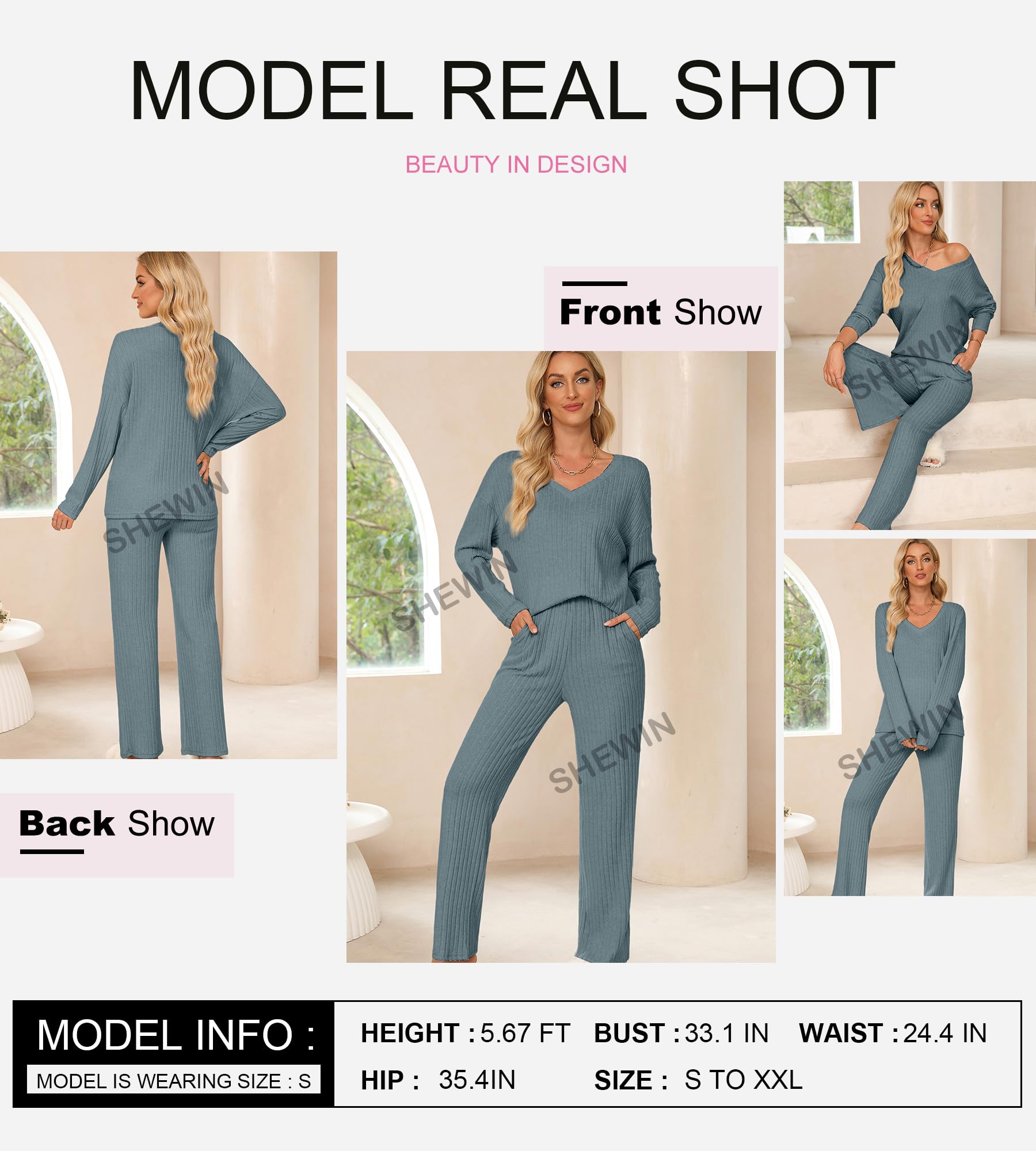 SHEWIN Women's Pajama Sets - Long & Short Sleeve 2-Piece Lounge Outfit, Ribbed Knit Sweater Sleepwear for Cozy Nights & Relaxing at Home