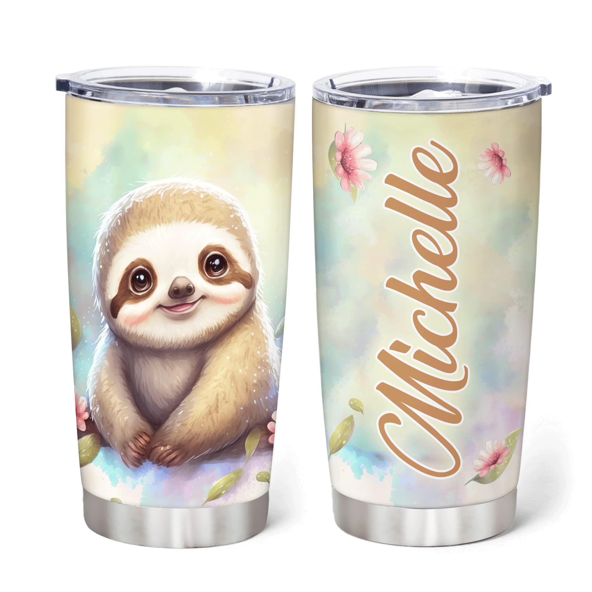 Personalized Sloth Stainless Steel Tumbler 20oz with Lid - Custom Name Gift for Sloth Lovers - Perfect Birthday & Christmas Present for Women & Girls - Great for Coffee, Tea & Office Use