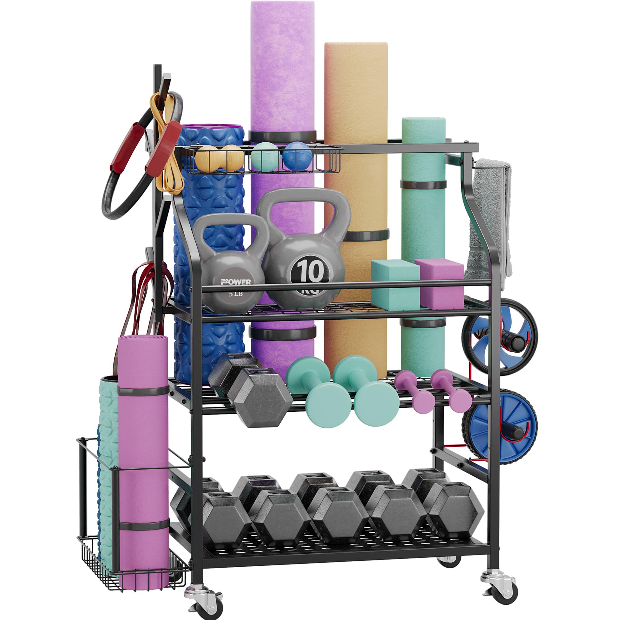 Heavy Duty Dumbbell Rack with Wheels - Adjustable Weight Stand for Kettlebell Storage, Home Gym Organizer for Yoga Mat, Foam Roller, Resistance Bands & Workout Accessories - Perfect for Garage Gym Storage and Workout Space Organization
