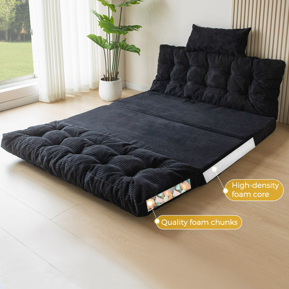 MAXYOYO Tufted Foldable Bean Bag Sofa Bed with Pillows - Black Floor Couch for Living Room, Bedroom & Dorm | Comfortable Lounge Chair for Relaxing, Reading & Gaming
