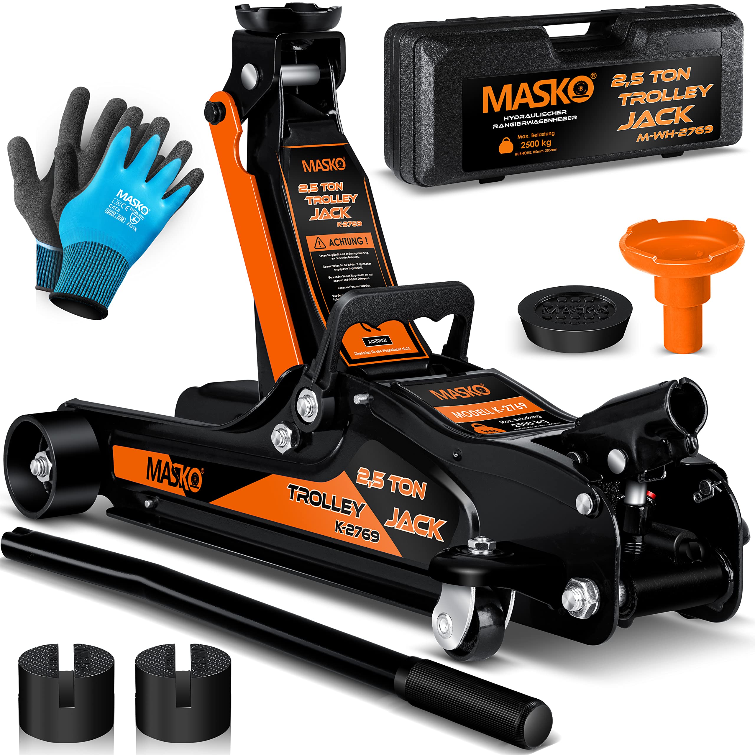 MASKO® 2.5 Ton Hydraulic Floor Jack with Case - 85-360mm Lift Height, Includes 3X Rubber Pads & Gloves - 360° Swivel Wheels Car Jack for Vehicle Maintenance, Tire Change, Garage Use