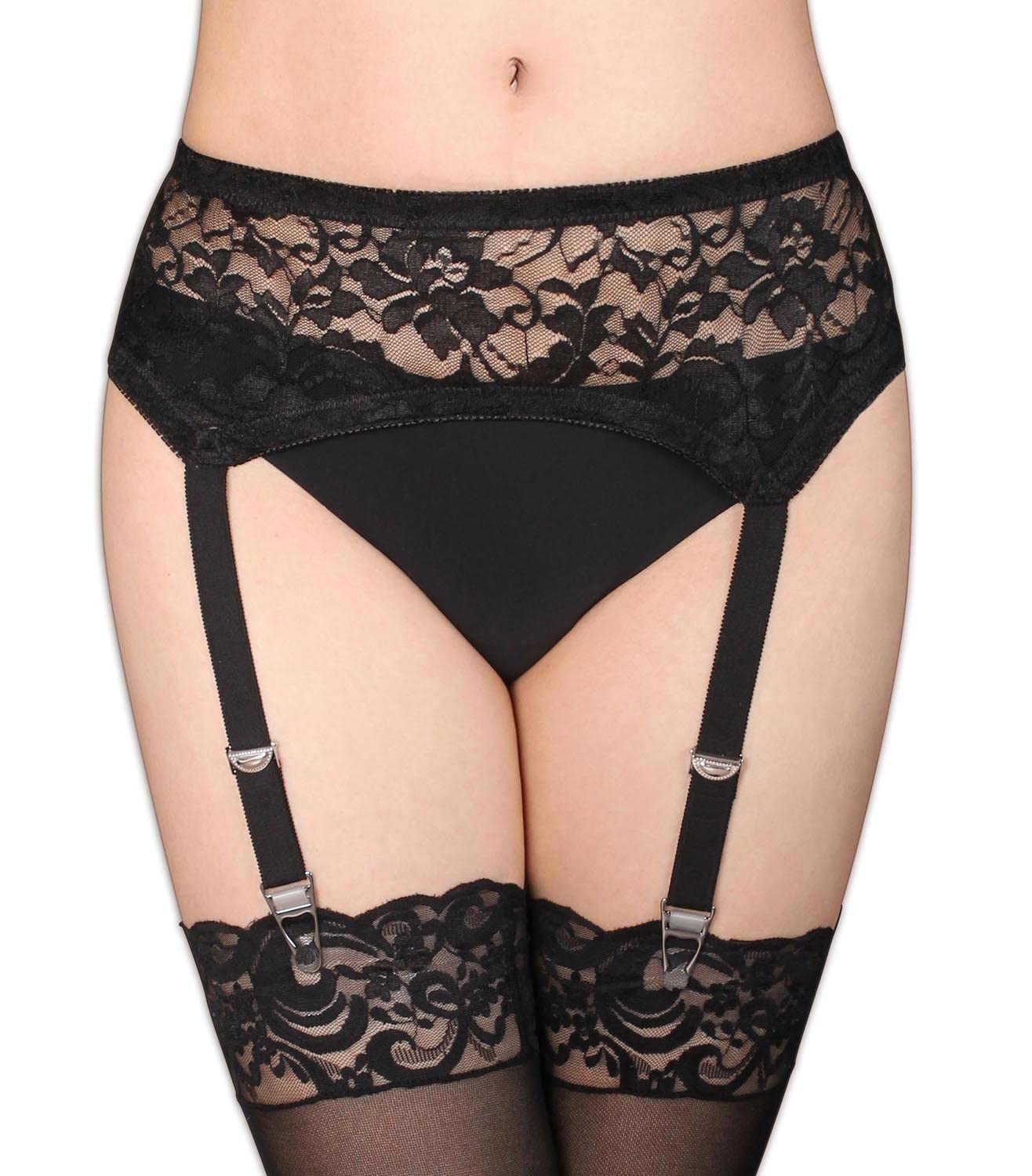 Sexy Black Lace Garter Belt for Women with 4 Vintage Metal Clips - Thigh High Stockings Suspender for Bridal, Lingerie & Special Occasions