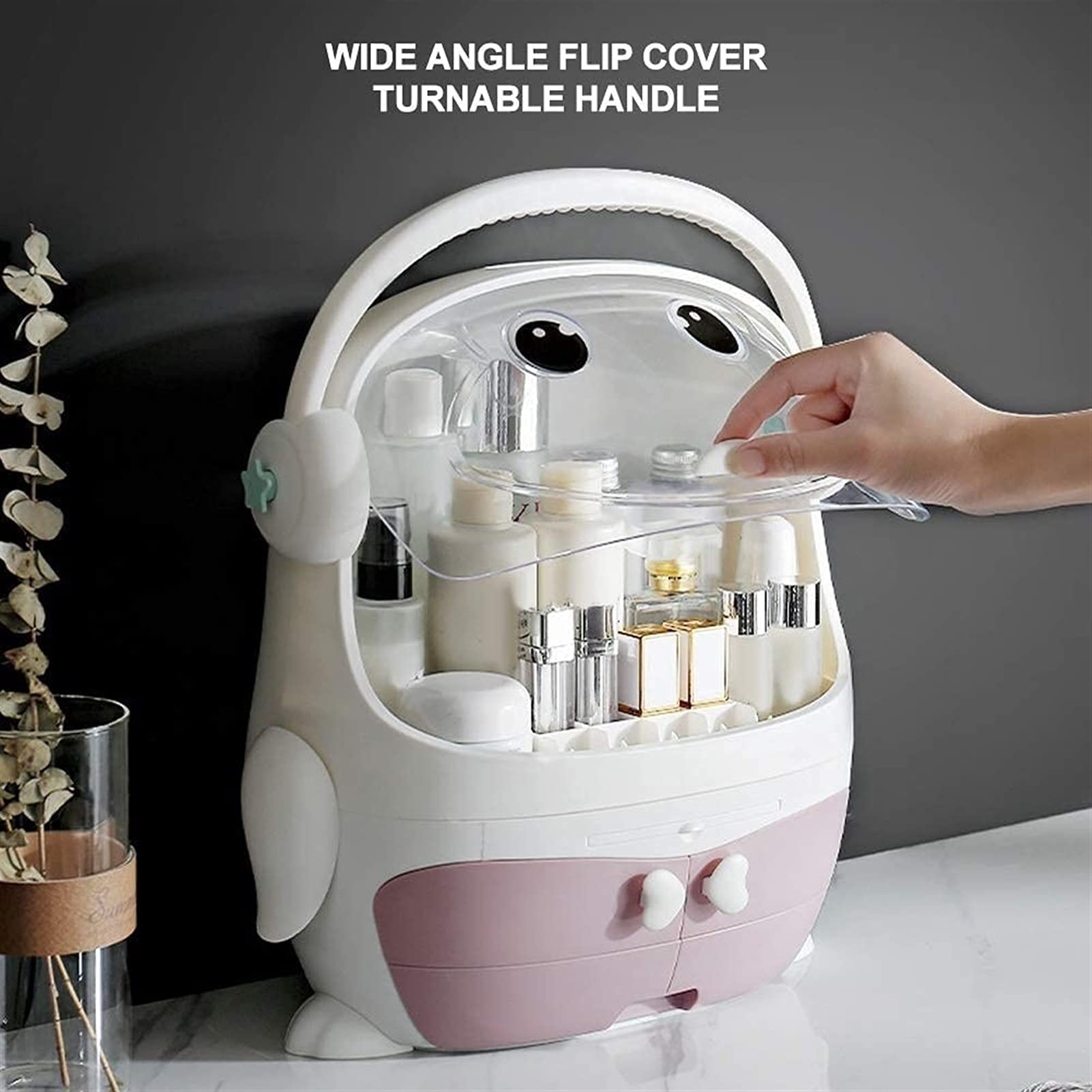 Portable Makeup Organizer with Dust-Free Cover & Waterproof Lid - High Capacity Cosmetic Storage Box with Handle, Dust-Proof Drawers - Perfect for Bathroom Countertop, Bedroom Dresser & Travel Use