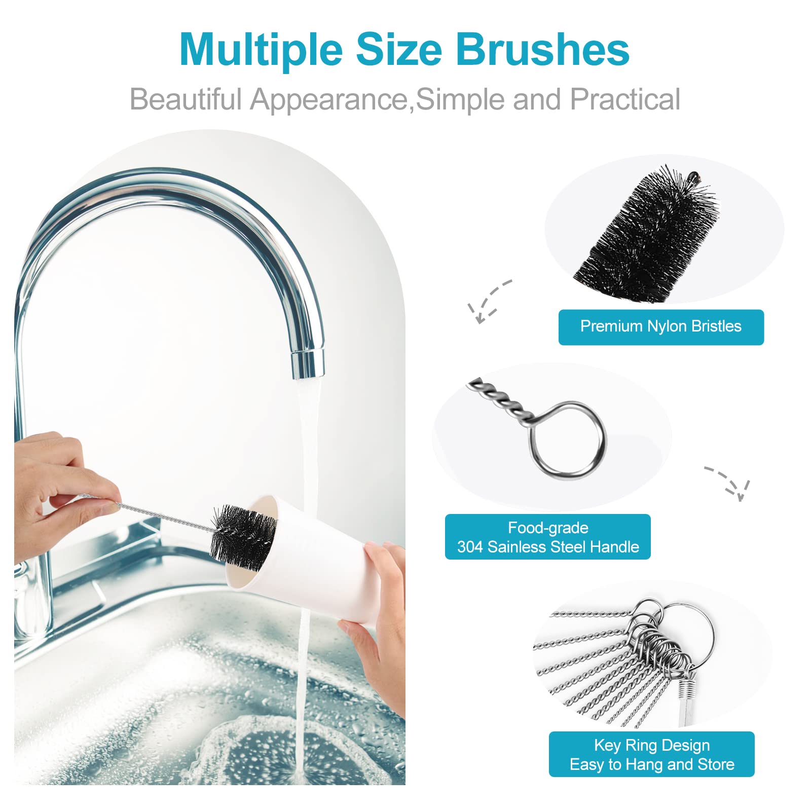 8 Inch Straw Cleaner Brush Set - 11pcs Nylon Bottle & Tube Cleaning Brushes with Allen Wrench - Perfect for Narrow Neck Bottles, Water Bottles, Straws, Baby Bottles & Reusable Drinkware - Black Cleaning Brush Kit
