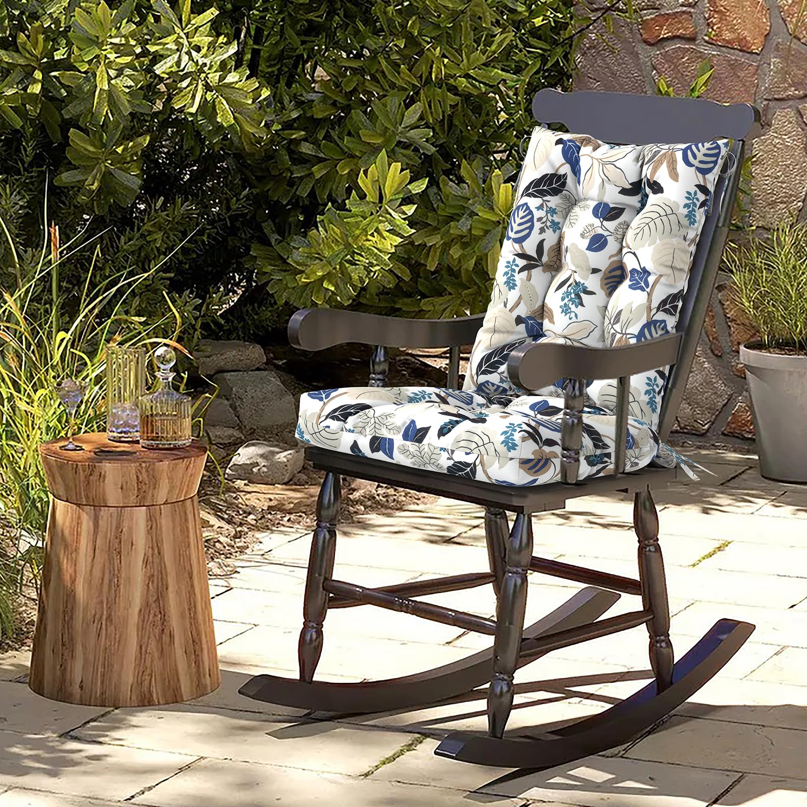 2 Pack Water Resistant Rocking Chair Cushions - Tufted High Back Outdoor/Indoor Chair Pads for Patio, Porch, Balcony Rocker & Adirondack Furniture (Breeze Leaves Beige) - Perfect for Relaxing in Garden, Living Room or Deck