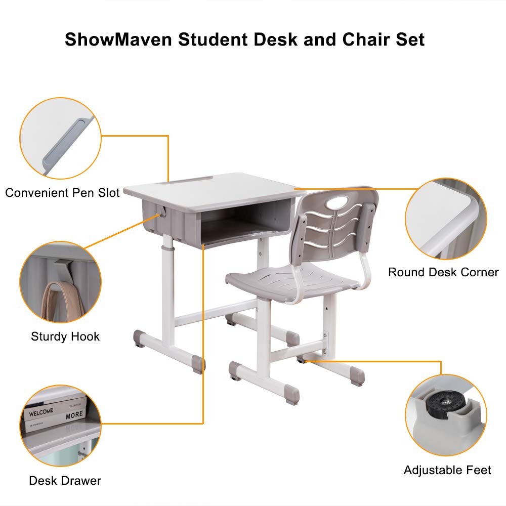 Adjustable Kids Study Desk and Chair Set with Storage Drawer, Pencil Grooves & Hooks - Ergonomic Children's Learning Workstation for Home School & Online Classes (Light Grey & White) - Perfect for Homework, Remote Learning & Craft Activities