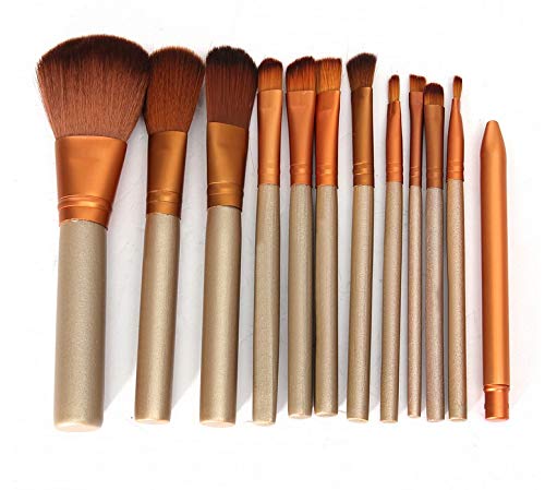 12Pcs Professional Makeup Brush Set - Eyeshadow, Blending, Foundation Brushes with Golden Handles for Flawless Makeup Application | Perfect for Daily Use, Travel & Professional Makeup Artists