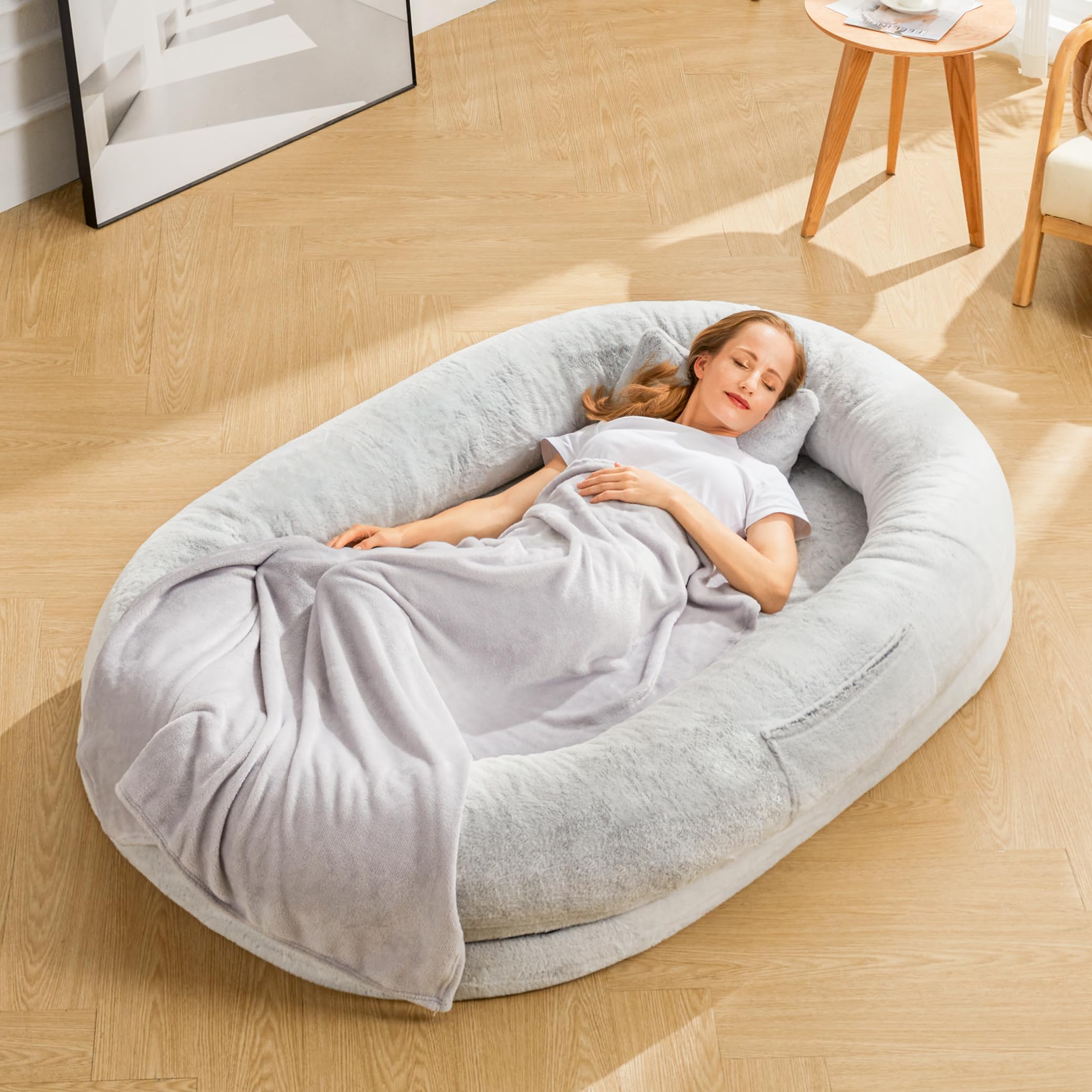 71''x47''x12.5'' Human Dog Bed - Washable Faux Fur Large Orthopedic Pet Bed for People & Dogs, Perfect for Napping, Dozing Off with Plush Pillow & Blanket Included, Grey - Ideal for Living Room, Bedroom or Pet-Friendly Spaces