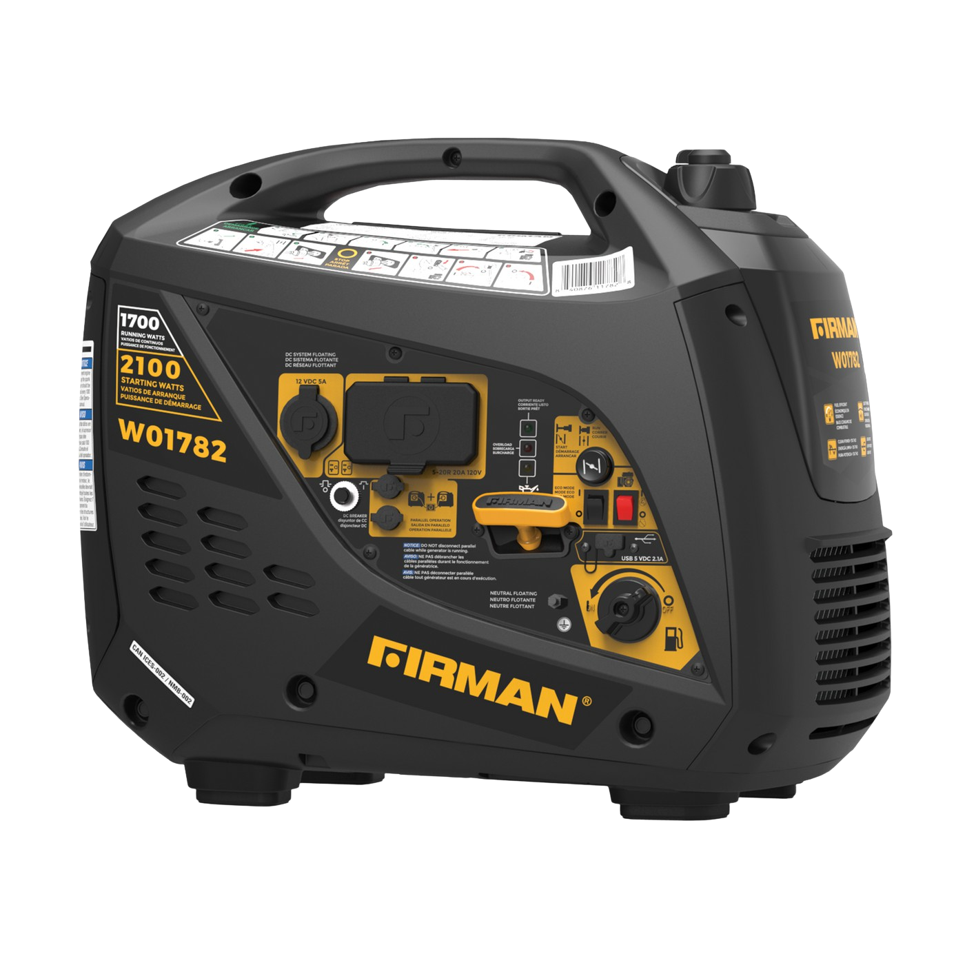 Firman W01782 1700W/2100W Portable Inverter Generator with Recoil Start - Quiet Gas Powered Generator for Camping, RV, Outdoor & Emergency Power Backup