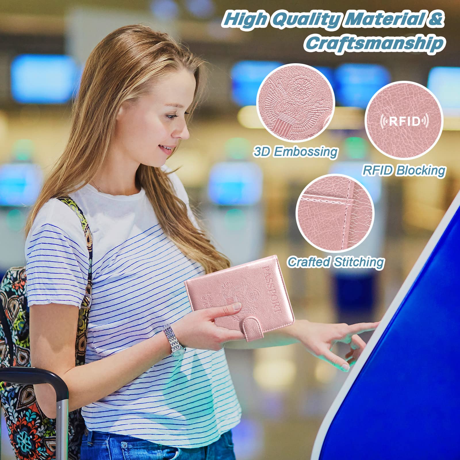 Premium PU Leather RFID Blocking Passport Holder & Travel Wallet - Secure Magnetic Closure Passport Cover Case with Free Mini Pen - Rose Gold Travel Document Organizer for Women & Men | Perfect for Airports, Business Trips & International Travel