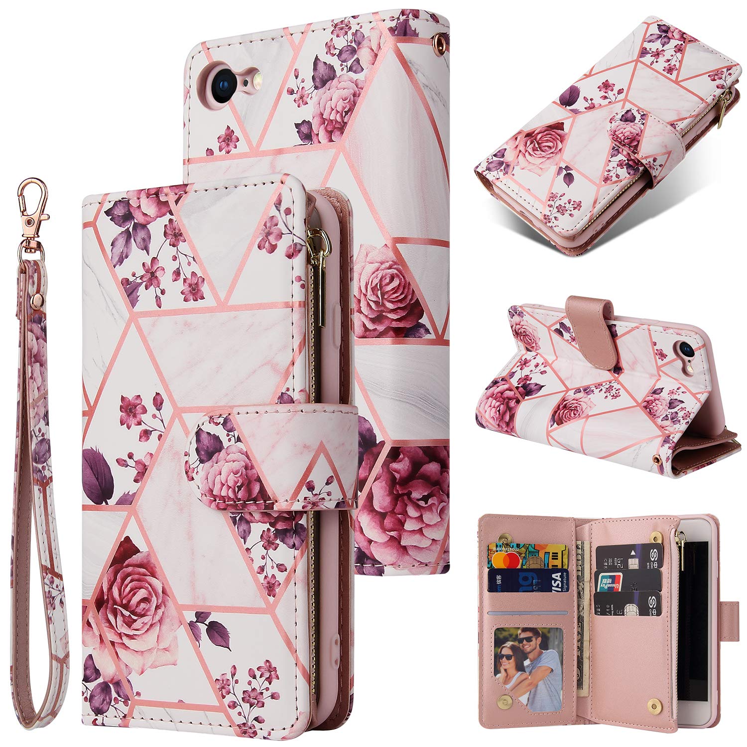 UEEBAI Premium PU Leather Wallet Case for iPhone SE 2022 5G/iPhone 7/iPhone 8/iPhone SE 2020/SE3/SE2 - Magnetic Closure, Zipper Cover, Kickstand & Card Slots (Pink Flower) | Perfect for Daily Use, Travel & Hands-Free Viewing