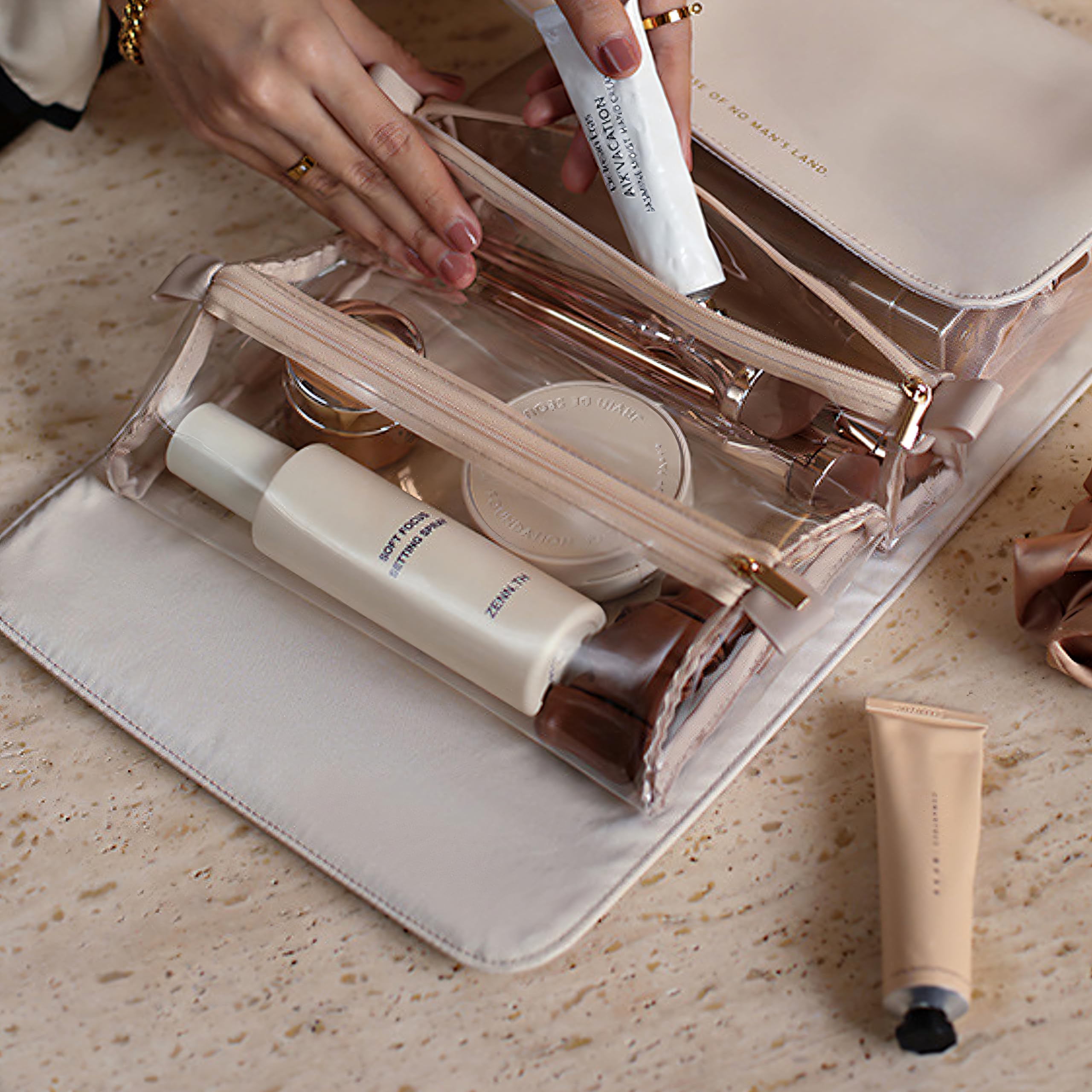 Large Capacity Leather Travel Makeup Bag - Waterproof Cosmetic Organizer & Toiletry Case for Women | Perfect for Air Travel, Vacation Essentials & Daily Use (White)