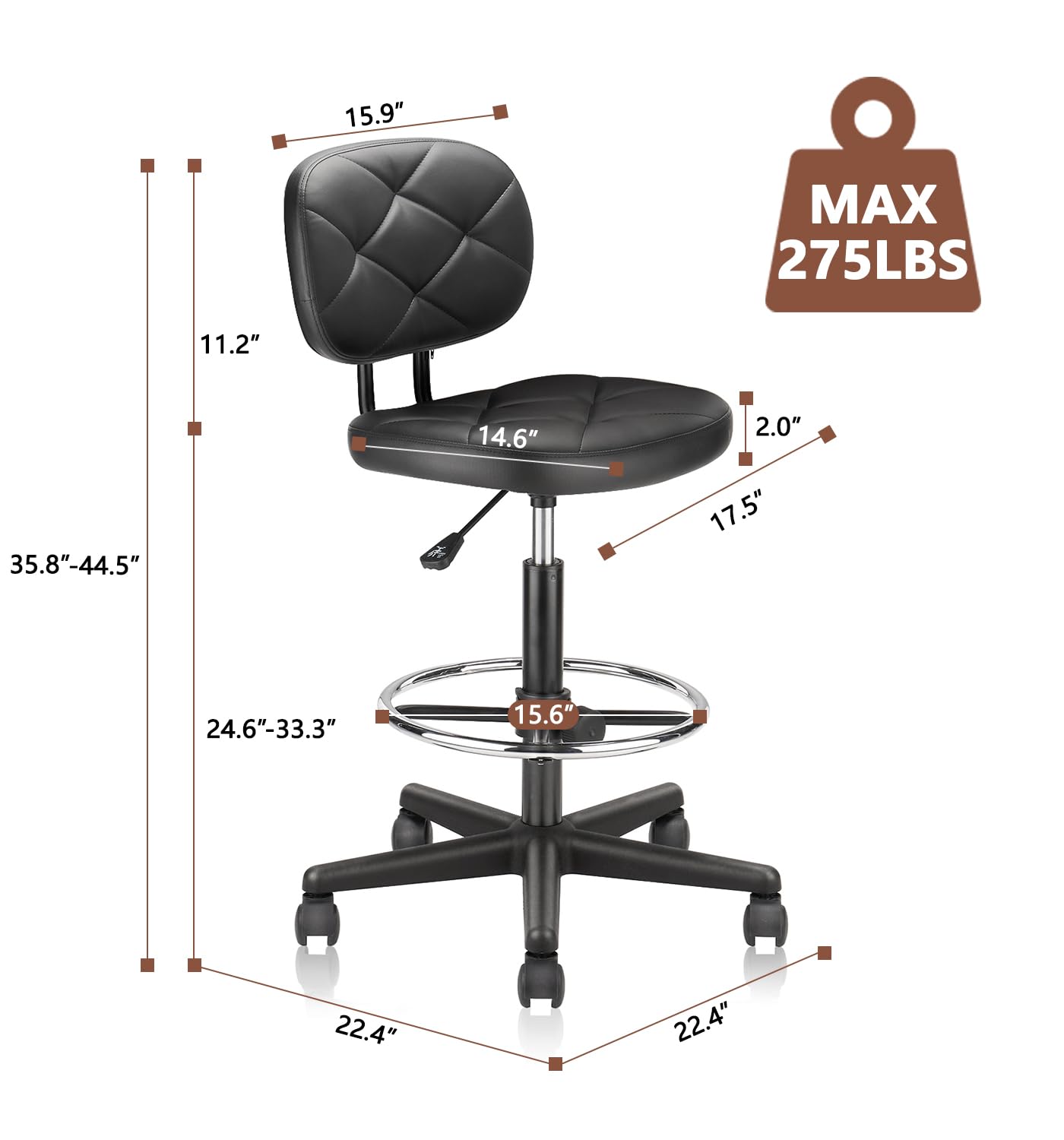Adjustable Drafting Stool with Low Back Support & Footrest - 2 Pack Ergonomic PU Leather Swivel Rolling Chair for Office, Home & Standing Desks - Perfect for Architects, Artists & Long Work Sessions