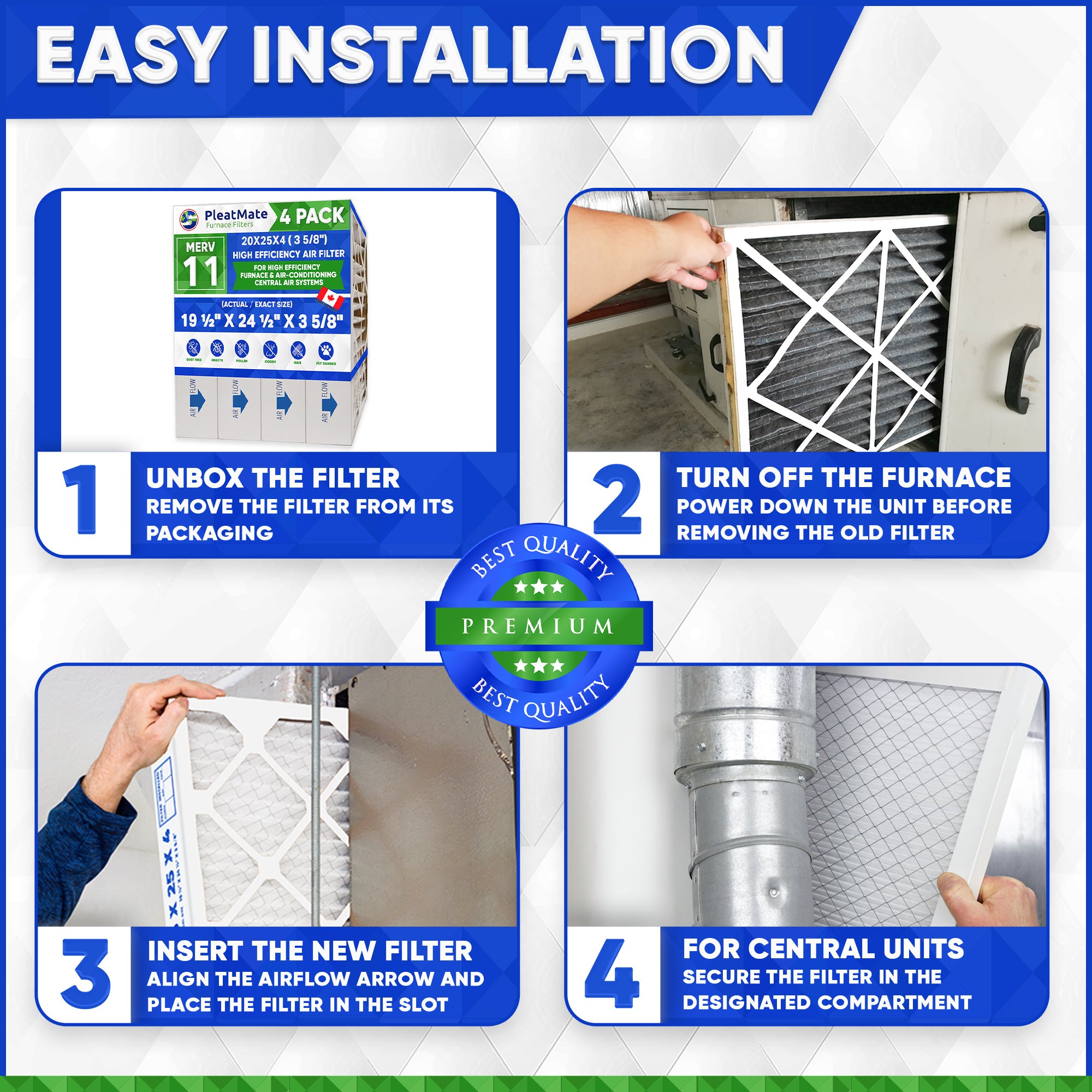 20x25x4 MERV 11 Pleated Air Filters - 4 Pack | High Efficiency Furnace & AC Filters for Home, Office & Commercial Use | Reduces Dust, Pollen & Allergens