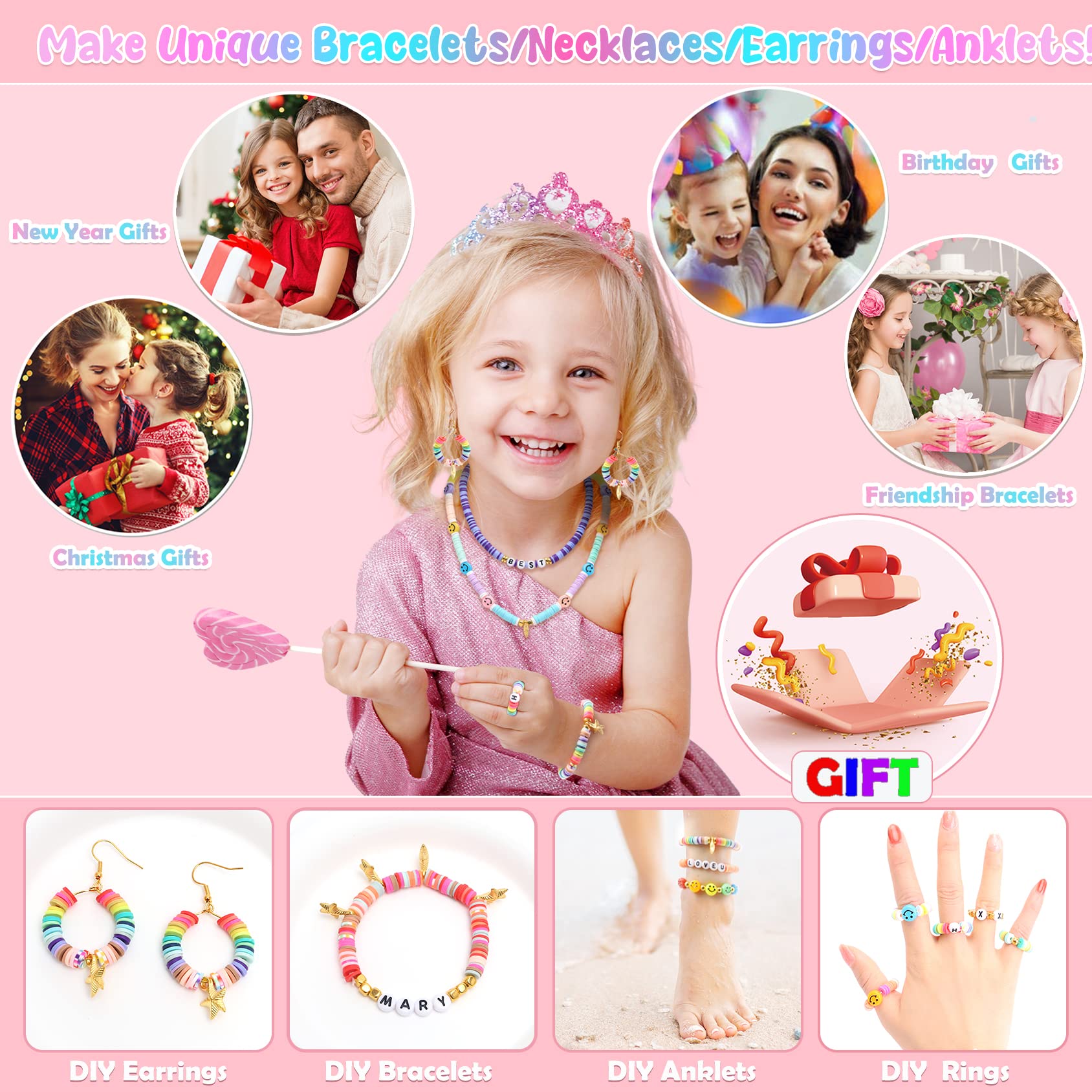 **Best Birthday Gift for Girls Ages 4-12: DIY Bracelet Making Kit with Clay Beads – Creative Arts & Crafts Jewelry Set for Kids, Fun Activity for Parties & Playdates**
