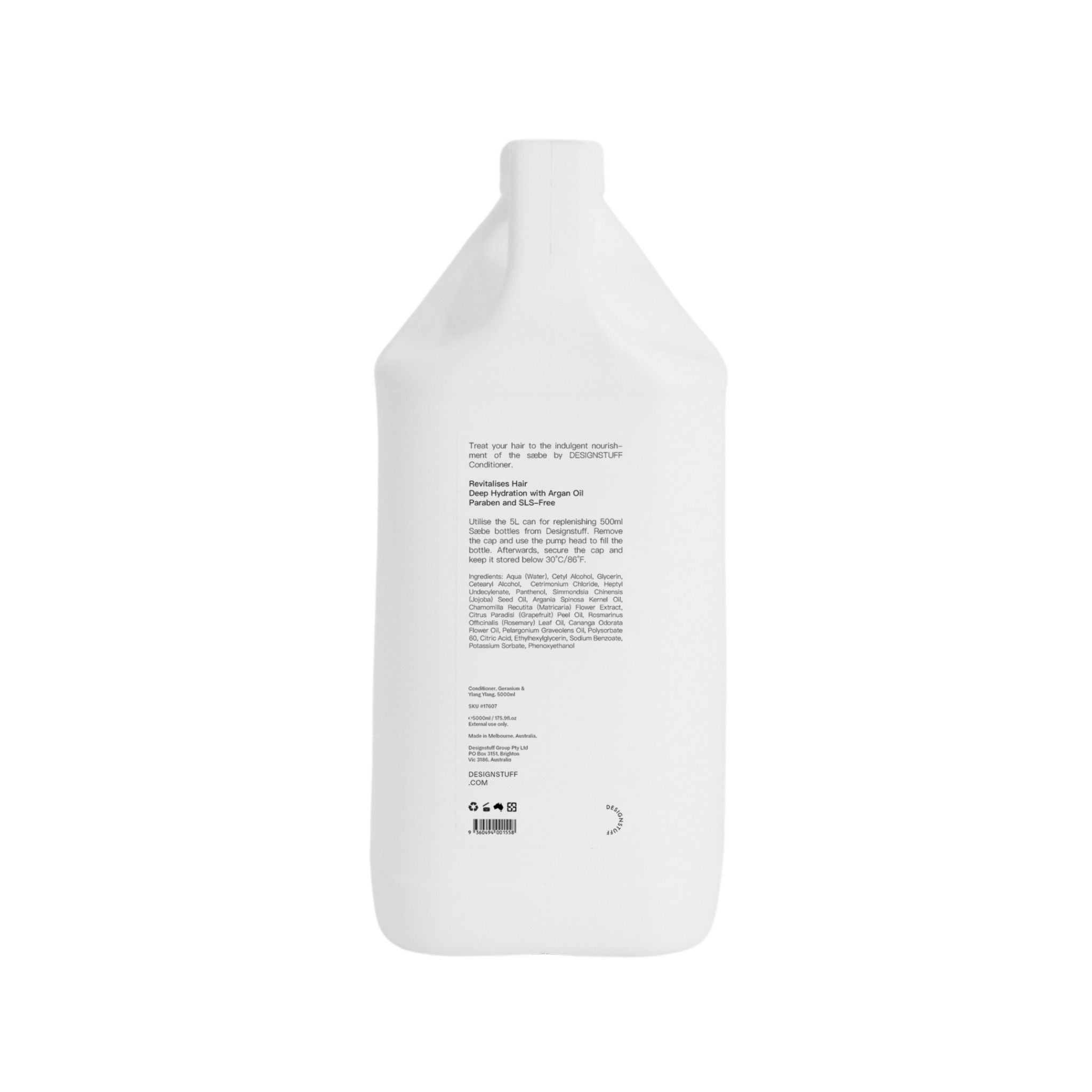 DESIGNSTUFF Saebe Conditioner Refill - Geranium & Ylang Ylang Scent, 5L Bottle for Salon & Home Hair Care, Hydrating & Nourishing Treatment for Dry & Damaged Hair