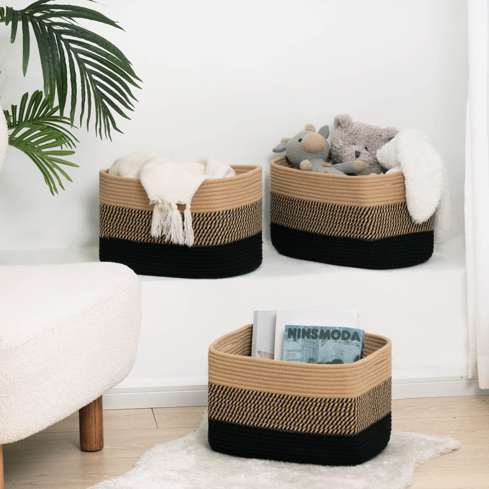 Goodpick Woven Rope Storage Baskets Set of 3 - Organizer Bins for Books, Toys, Towels | Shelf, Closet & Nursery Organization | Decorative Medium Cube Baskets in Black | Perfect for Home, Office & Kids Room Storage