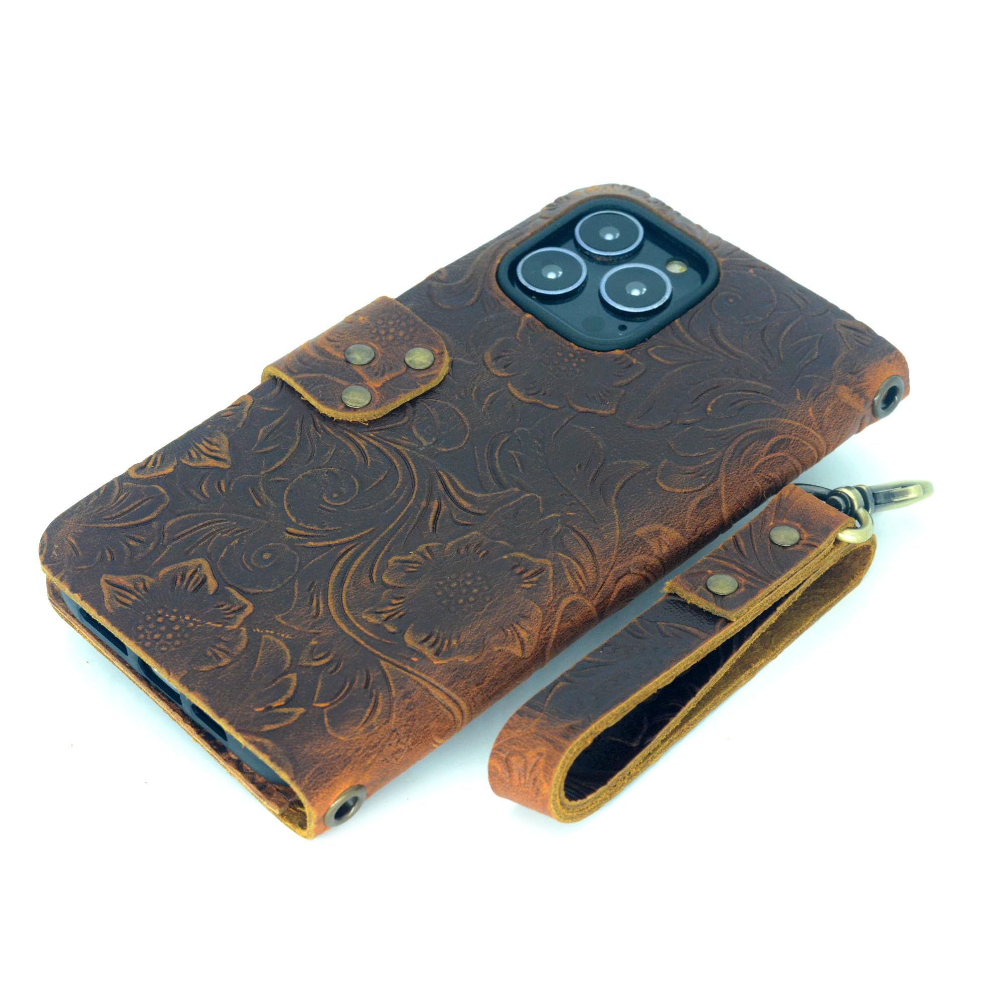 Genuine Leather iPhone Wallet Case with Wrist Strap - Compatible with iPhone 16 Pro Max/15 Plus/15 Pro/14/13 Mini/12 - Premium Handcrafted Brown Leather Phone Case for Daily Use & Travel
