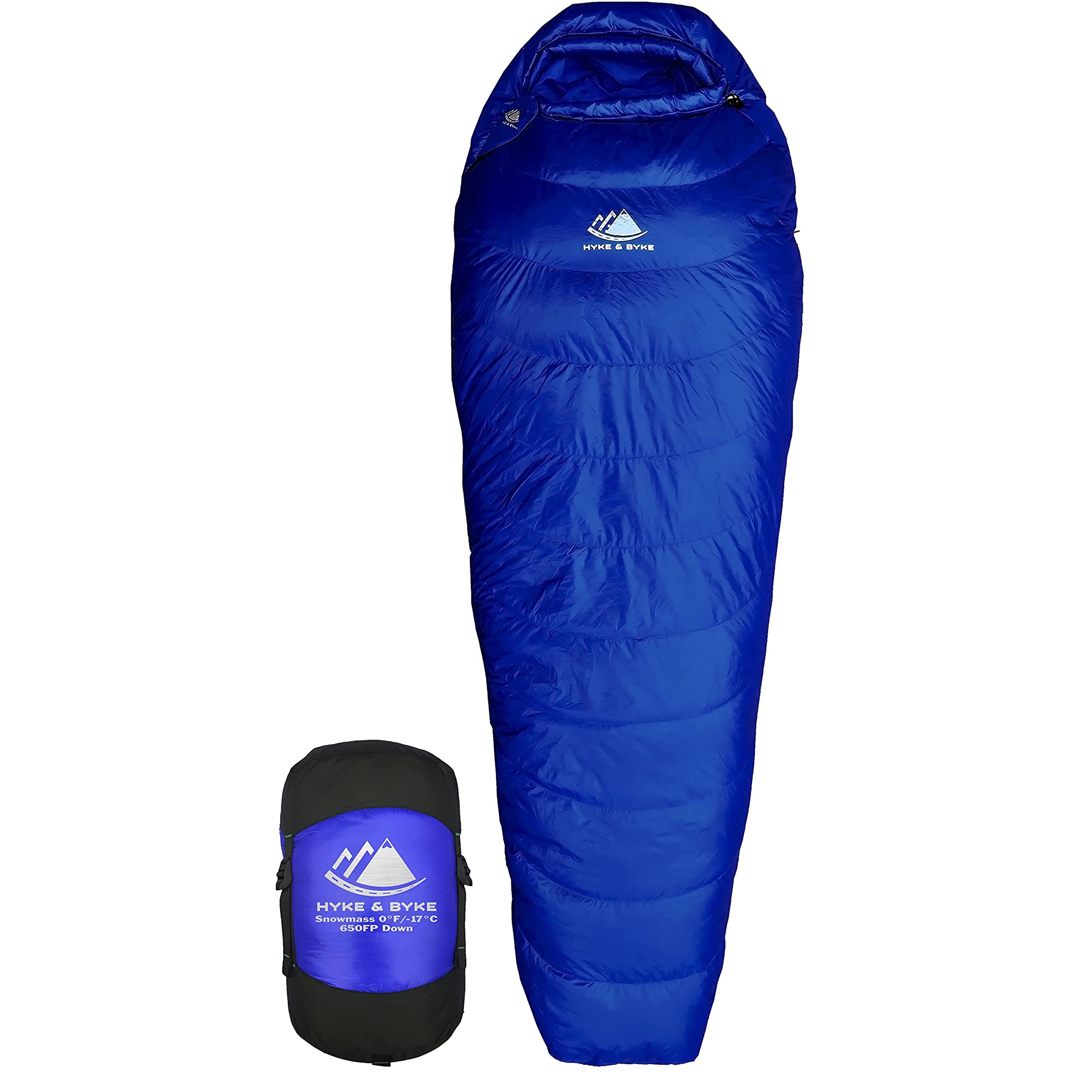 Hyke & Byke Snowmass 0°F Cold Weather Mummy Sleeping Bag - 650 FP Duck Down, Ultralight 4 Season Backpacking & Hiking Sleeping Bag for Adults with Compression Sack - Perfect for Winter Camping, Mountaineering & Outdoor Adventures