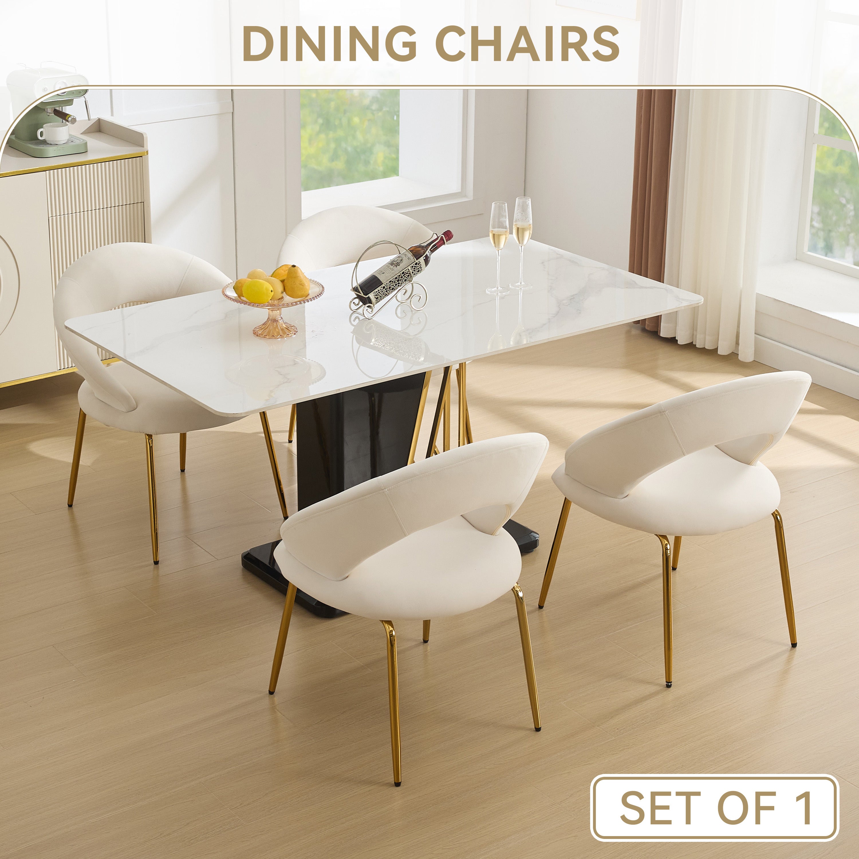 Velvet Dining Chairs Set of 1 - Curved Backrest with Golden Metal Legs for Kitchen & Dining Room - White - Perfect for Modern Home Decor & Entertaining Guests