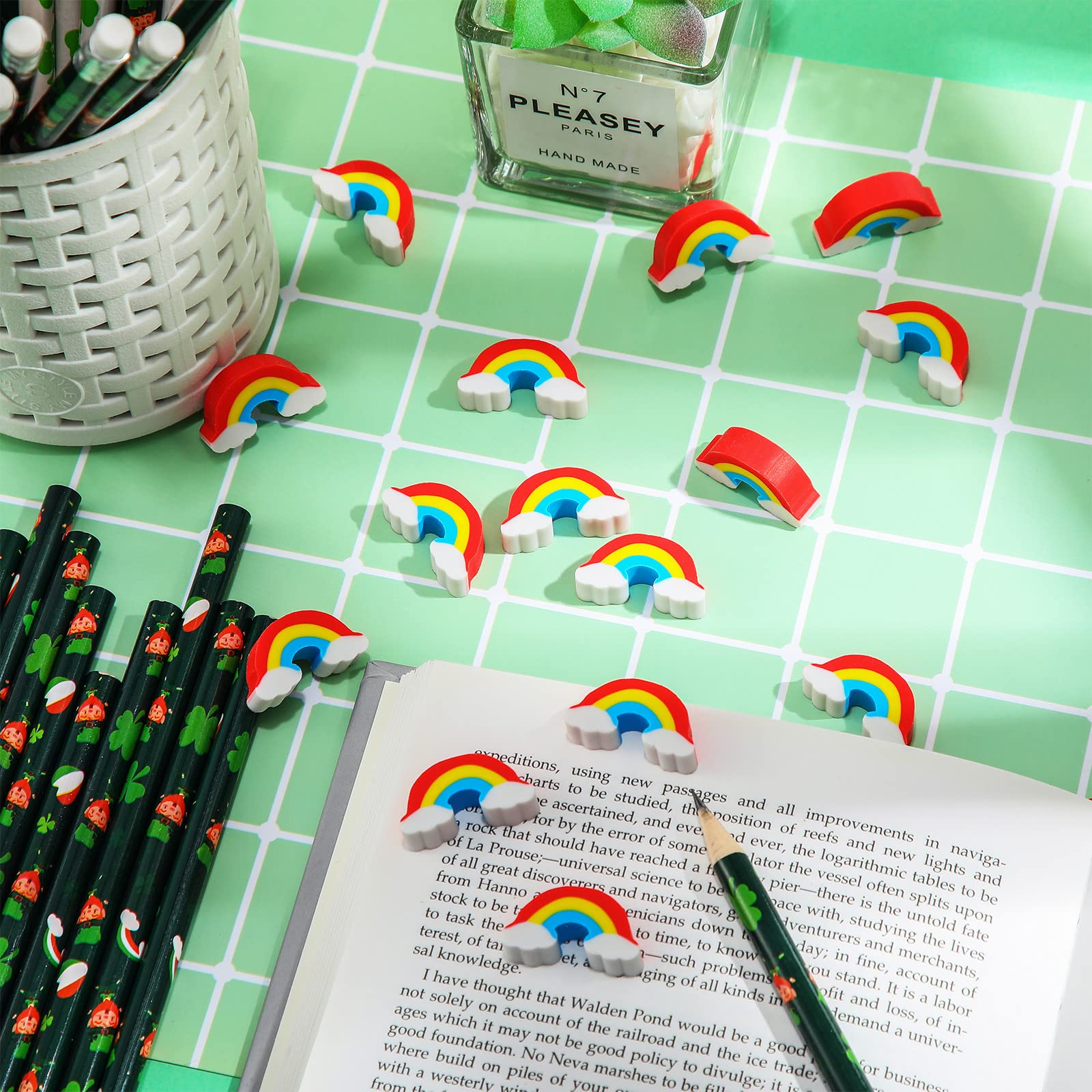 Spakon 60 Pack Rainbow Pencil Erasers - Bulk Cute Novelty Erasers for Kids, Classroom, Office, School Supplies (St. Patrick's Day, Easter, Party Favors & Prize Box Fillers)