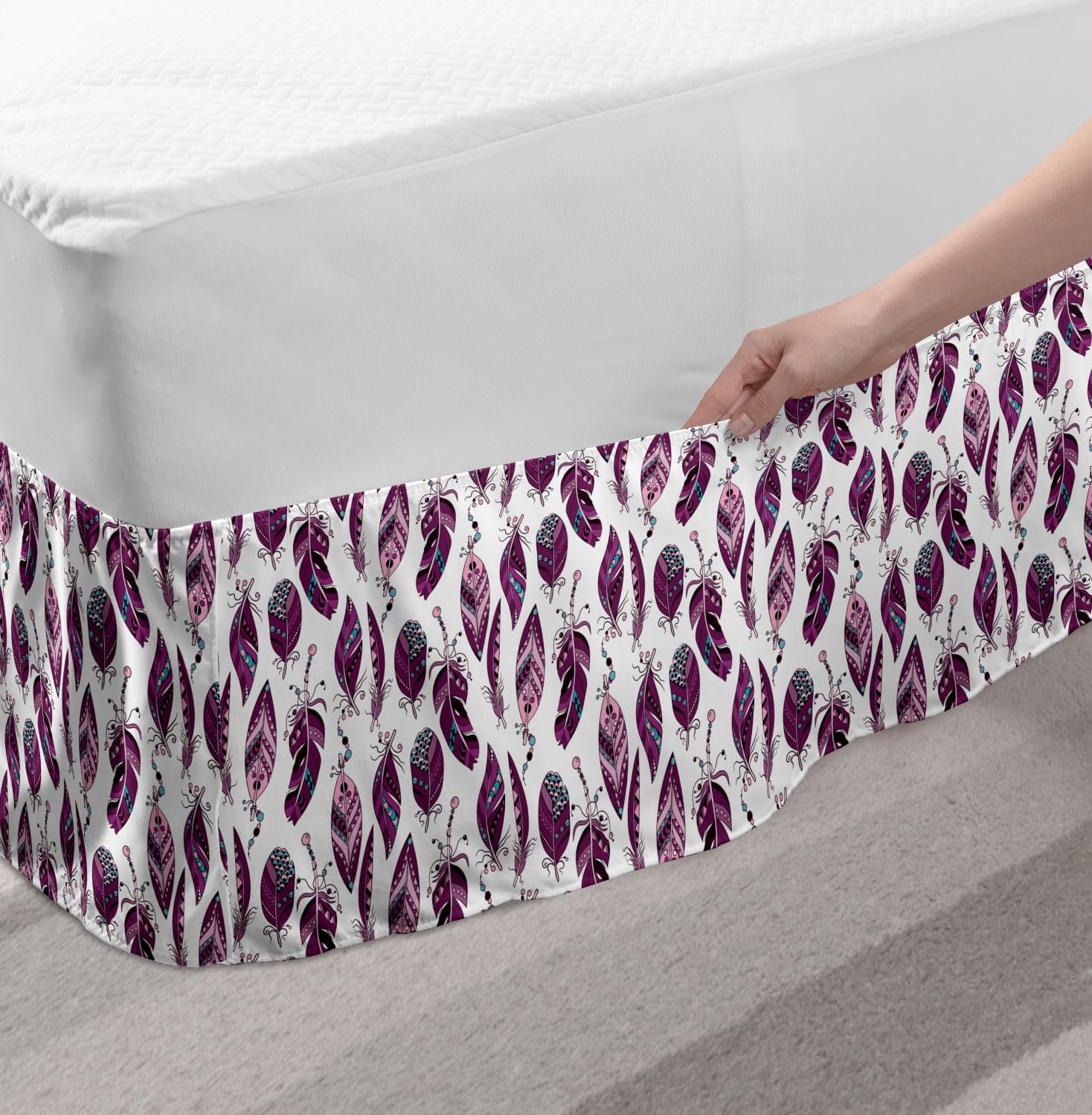 Ambesonne Bohemian Bed Skirt with Feather & Geometric Patterns - Elastic Wrap Around Gathered Design for King Size Beds in Pale Pink Plum | Hippie Chic Bedroom Decor for Master & Guest Rooms
