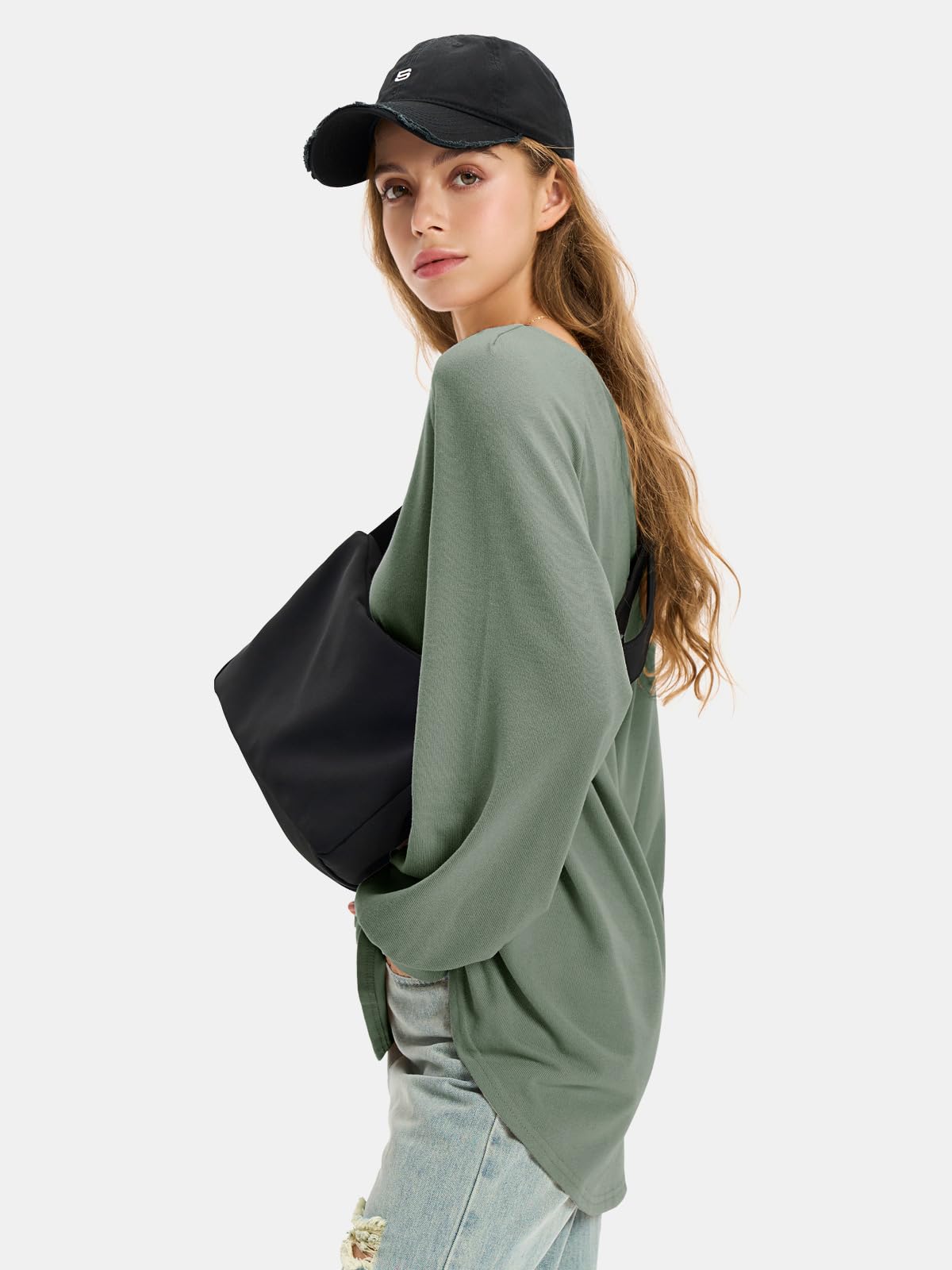 EXLURA Women's Spring Oversized V-Neck Tunic Top 2025 - Casual Long Sleeve Shirt, Lightweight Soft Sweater with Curved Hem - Perfect for Work, Travel & Everyday Wear