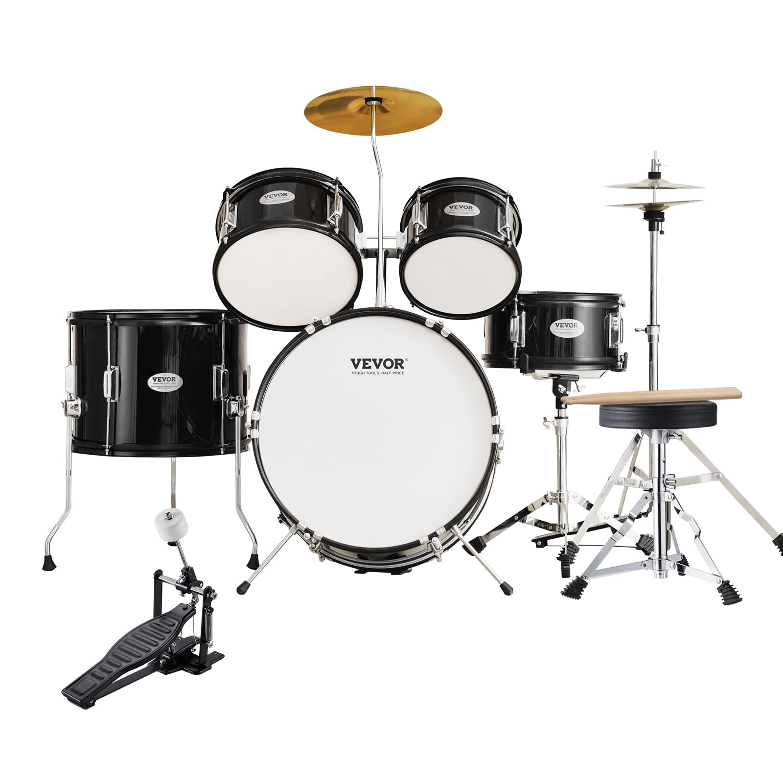 VEVOR 5-Piece Junior Drum Set for Kids & Beginners - 16 Inch Adjustable Drum Kit with Throne, Sticks, Cymbal, Pedal, Tom Snare Bass - Perfect Starter Drumset for Children's Music Practice & Home Play (Black)