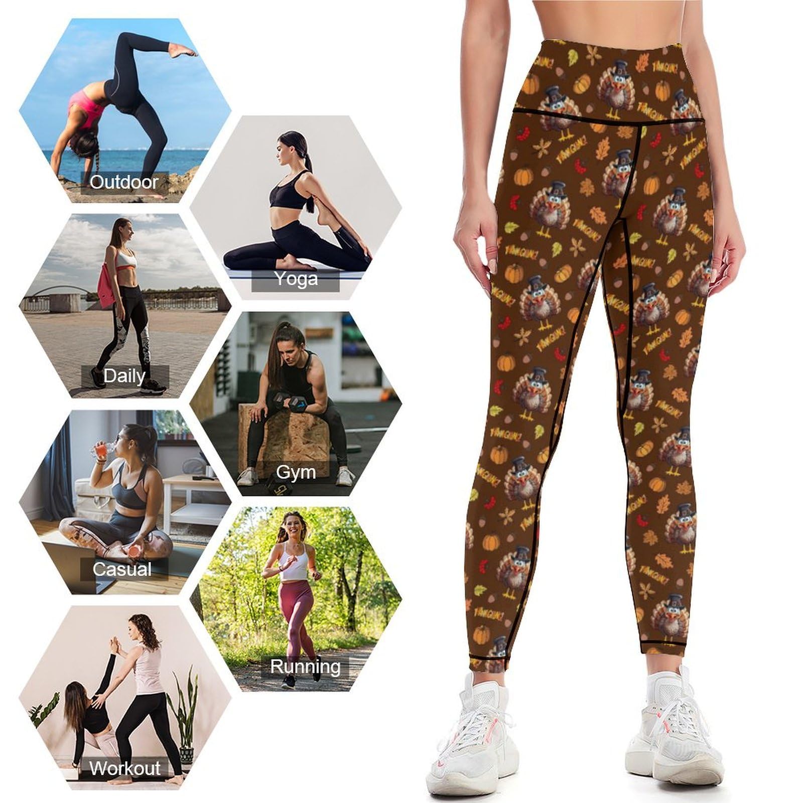 Women's High Waisted Yoga Pants - Tummy Control Workout Leggings with Thanksgiving Turkey Pumpkin Print | Perfect for Yoga, Gym & Holiday Activities