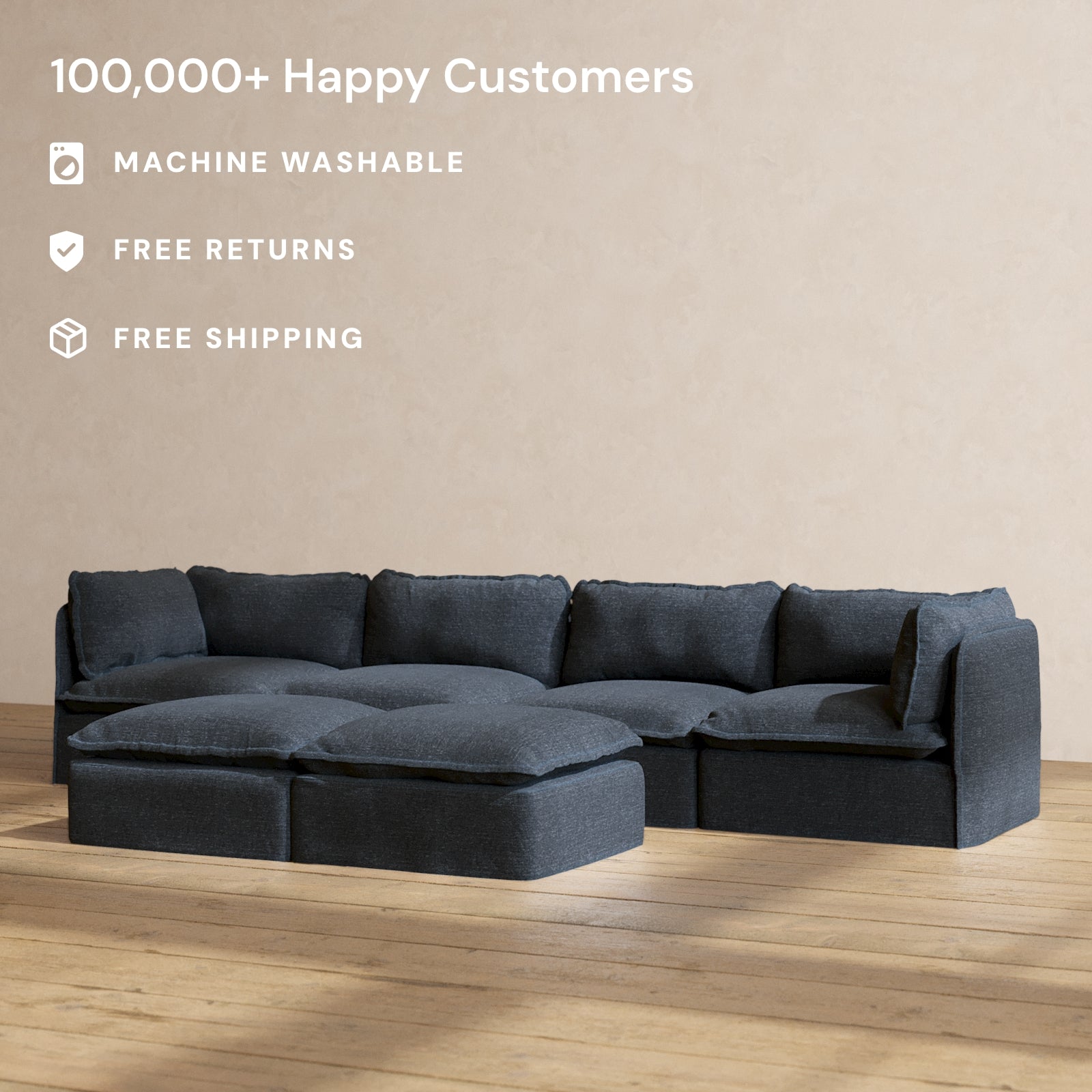 Modular Performance 4-Seater Sofa with Bench Ottoman in Indigo | Relaxed Blend Fabric | Perfect for Living Room, Lounge & Family Room Comfort